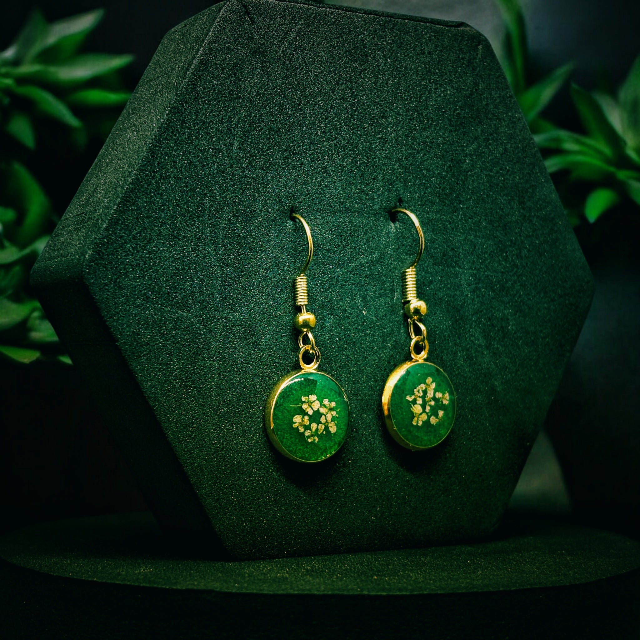 Handmade Green Resin Earrings with Floral Accents