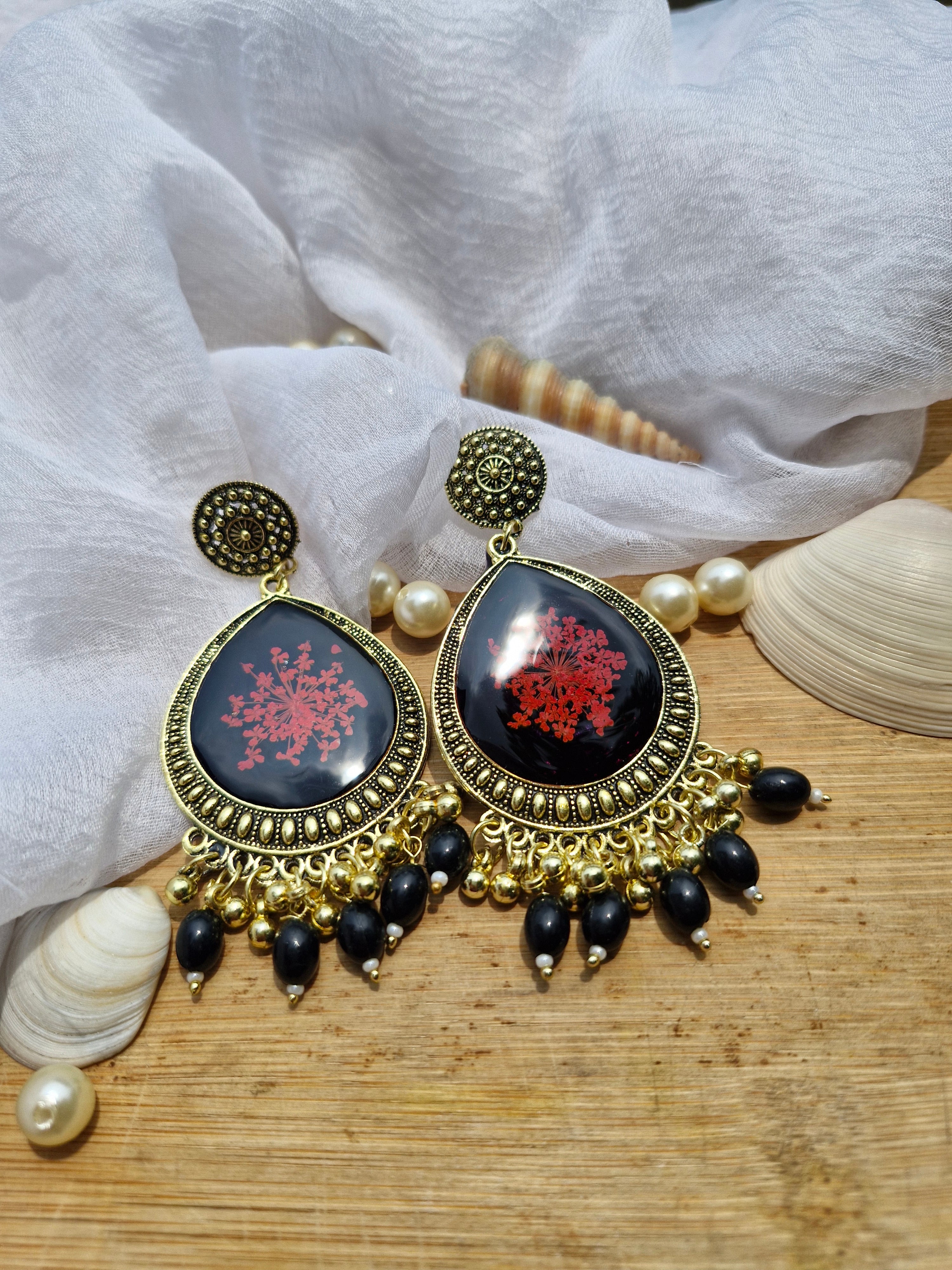 Crimson Royale Jumka Earrings – Vintage Resin Bloom Collection