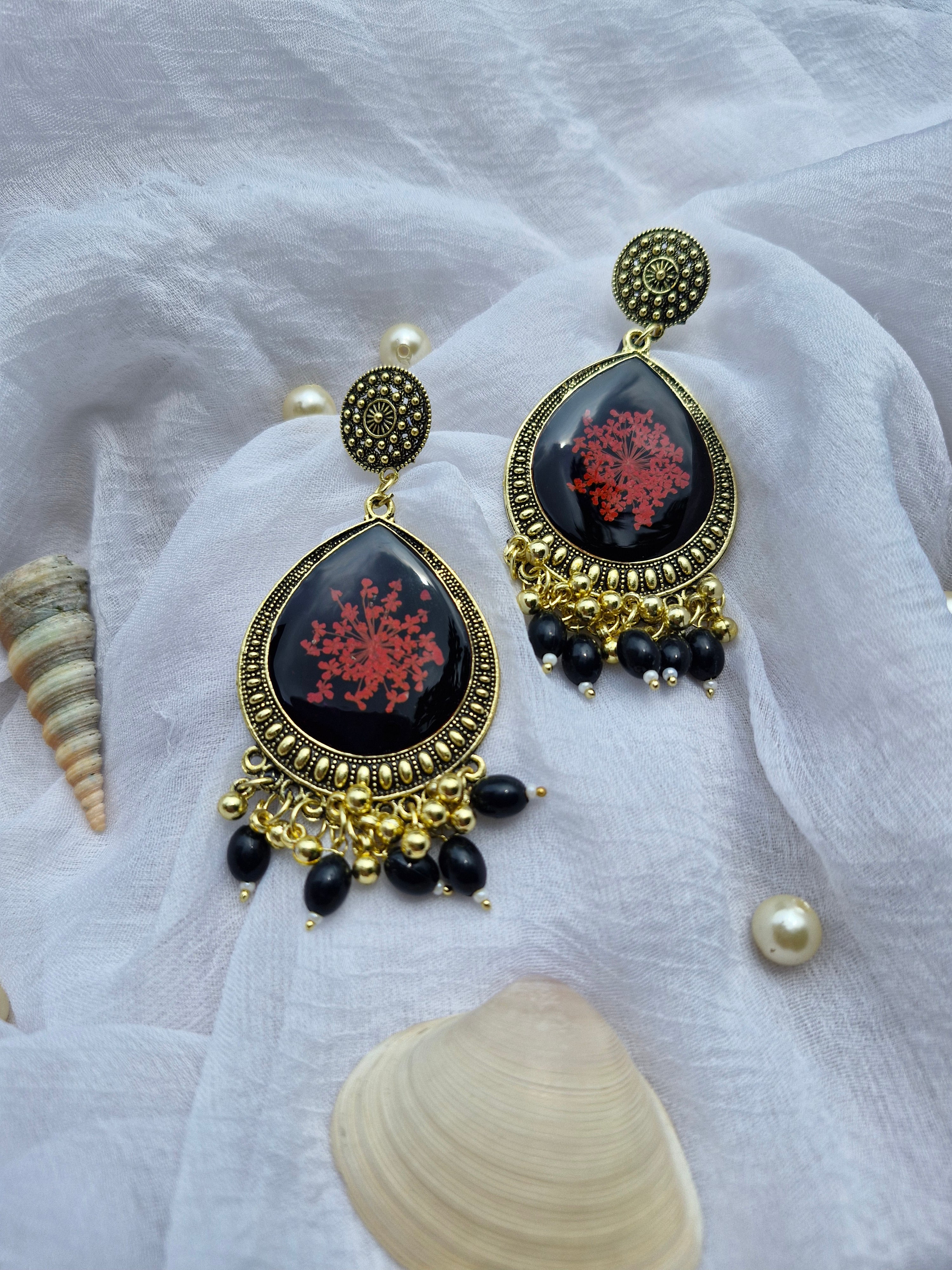 Crimson Royale Jumka Earrings – Vintage Resin Bloom Collection