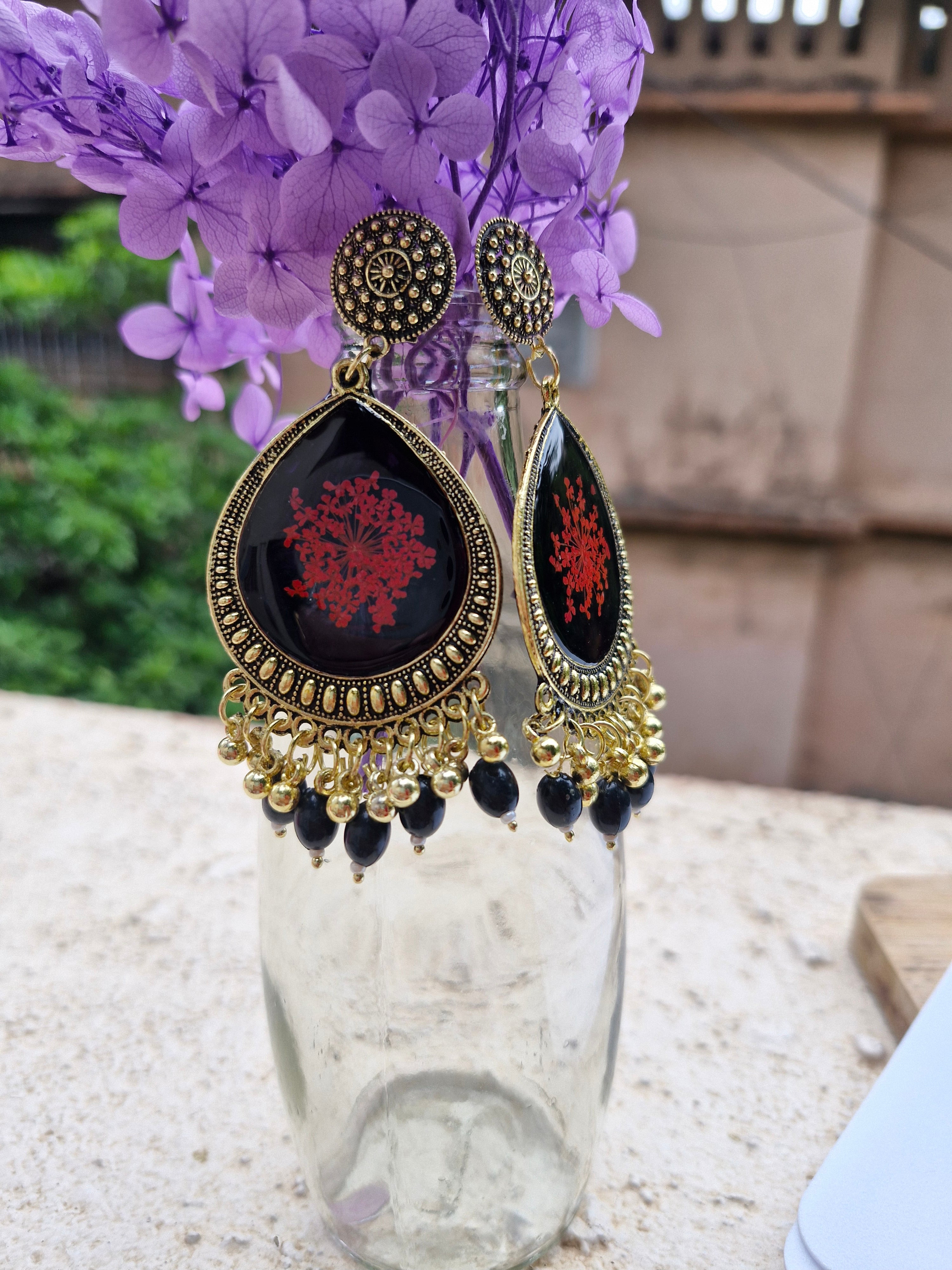 Crimson Royale Jumka Earrings – Vintage Resin Bloom Collection