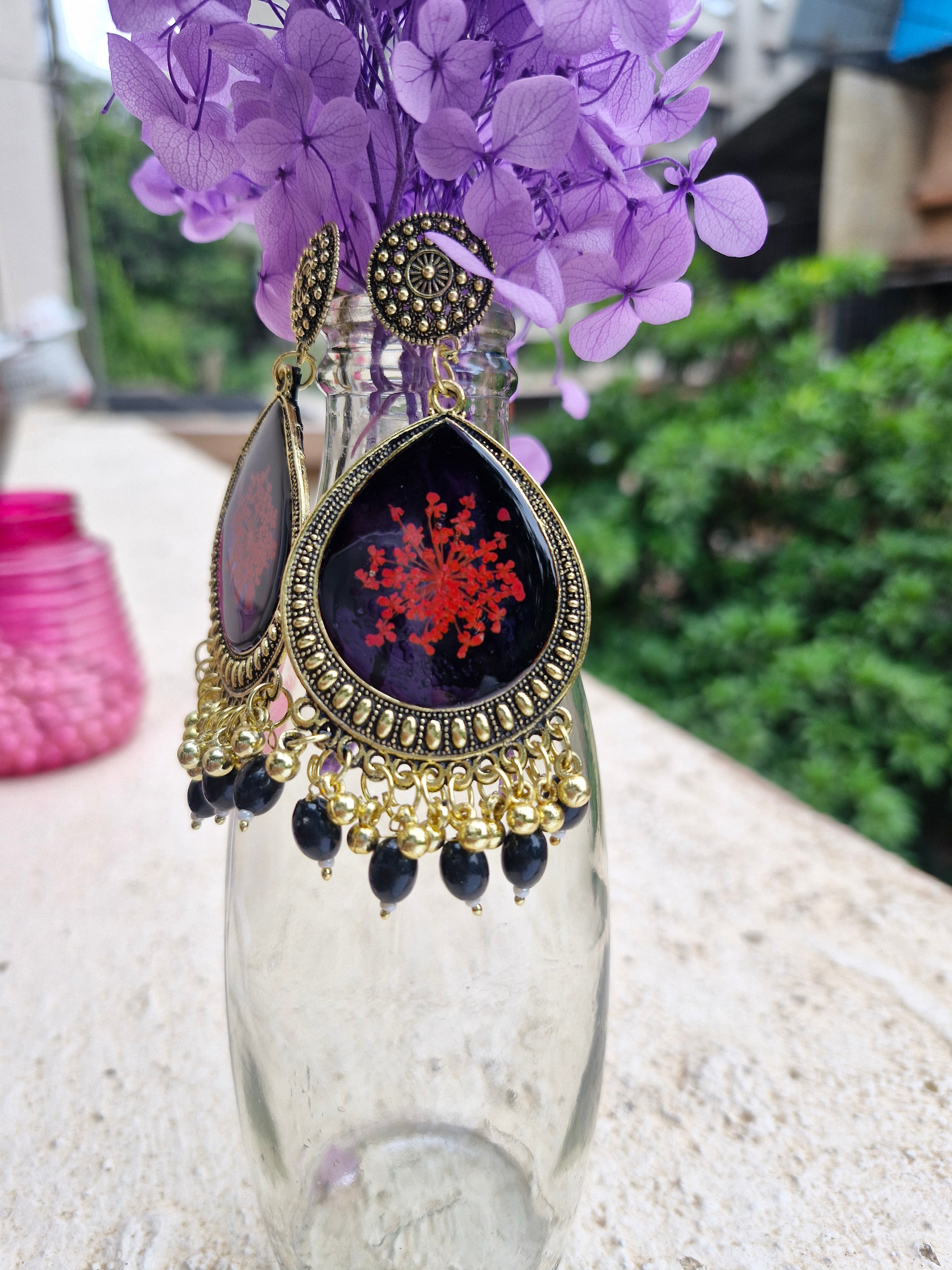 Crimson Royale Jumka Earrings – Vintage Resin Bloom Collection