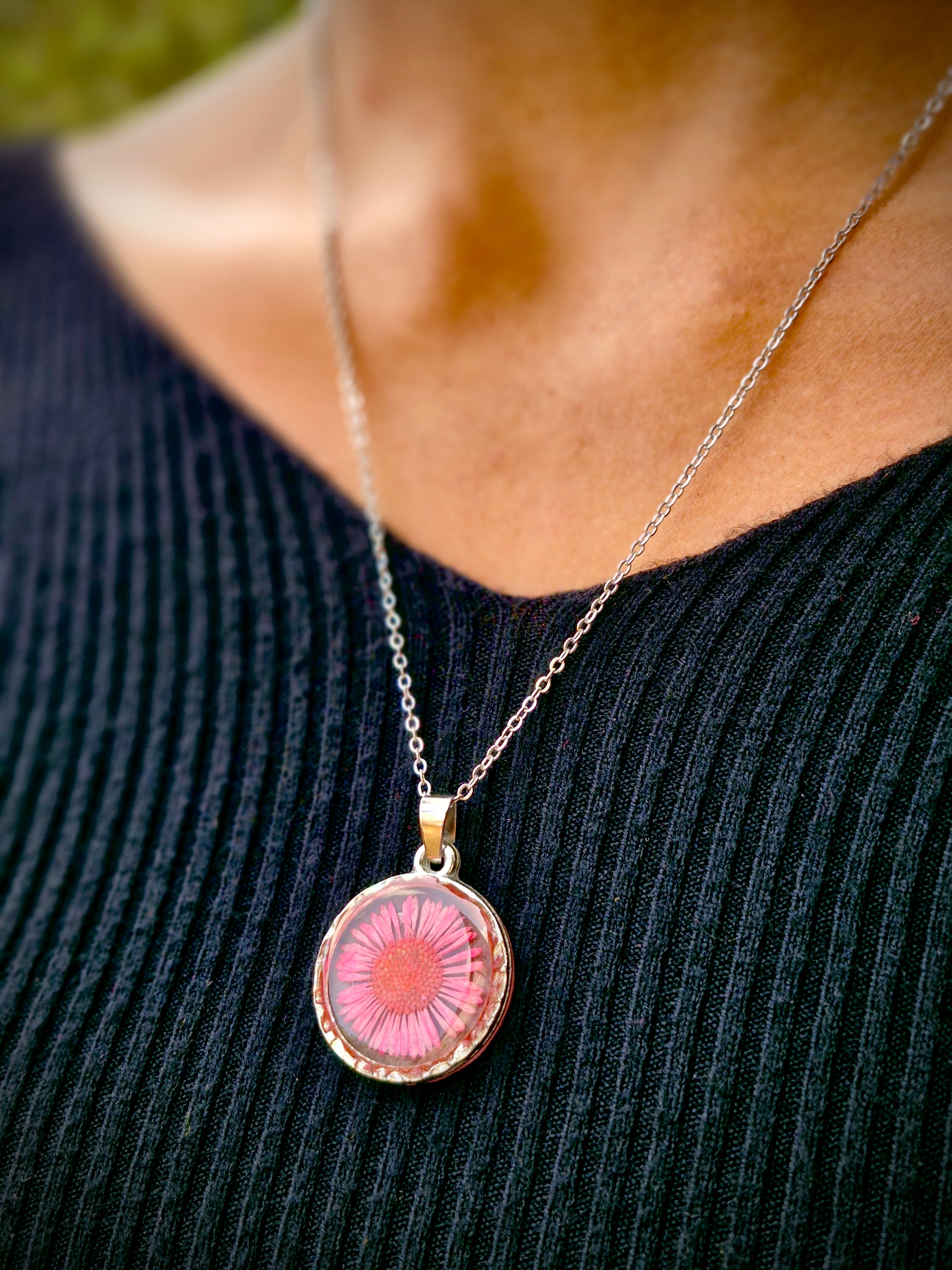 Pink Blossom Resin Necklace - Handmade Floral Jewelry by Artclassique