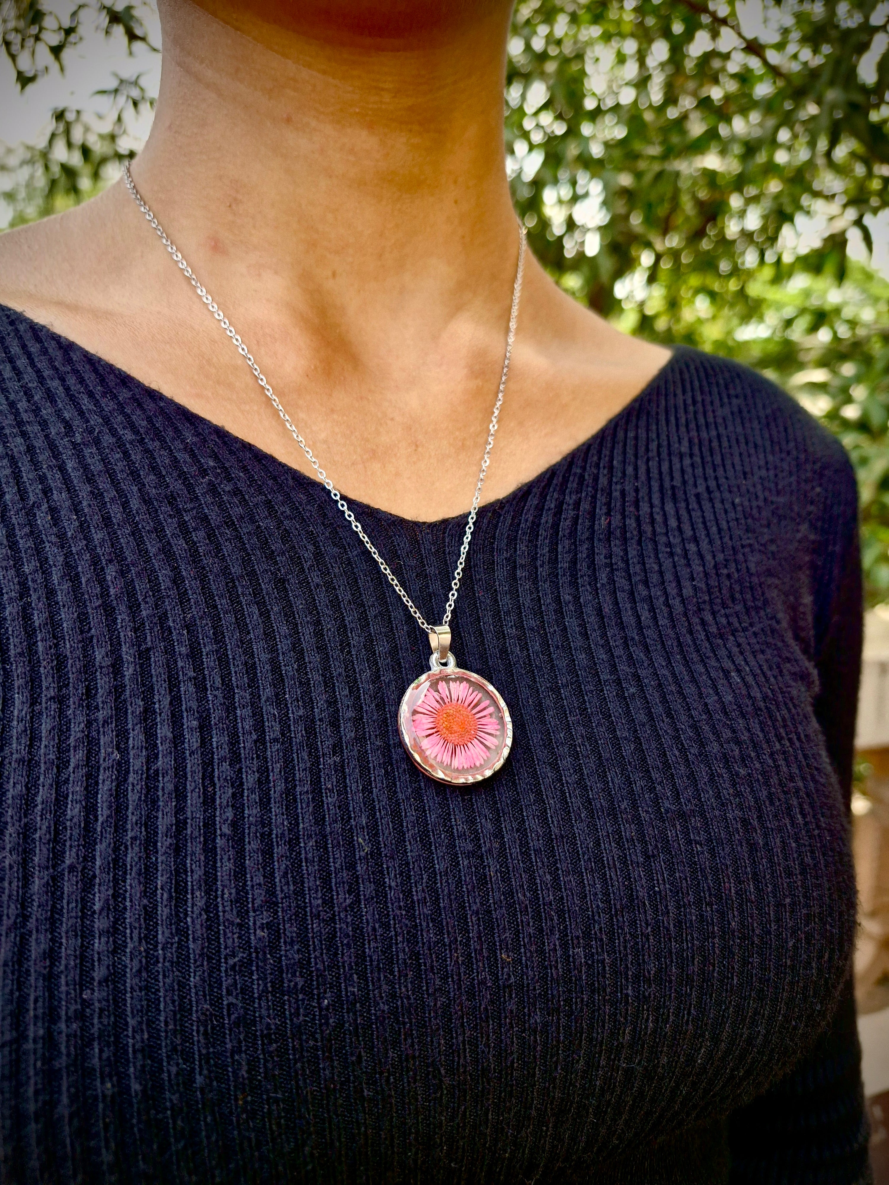 Pink Blossom Resin Necklace - Handmade Floral Jewelry by Artclassique