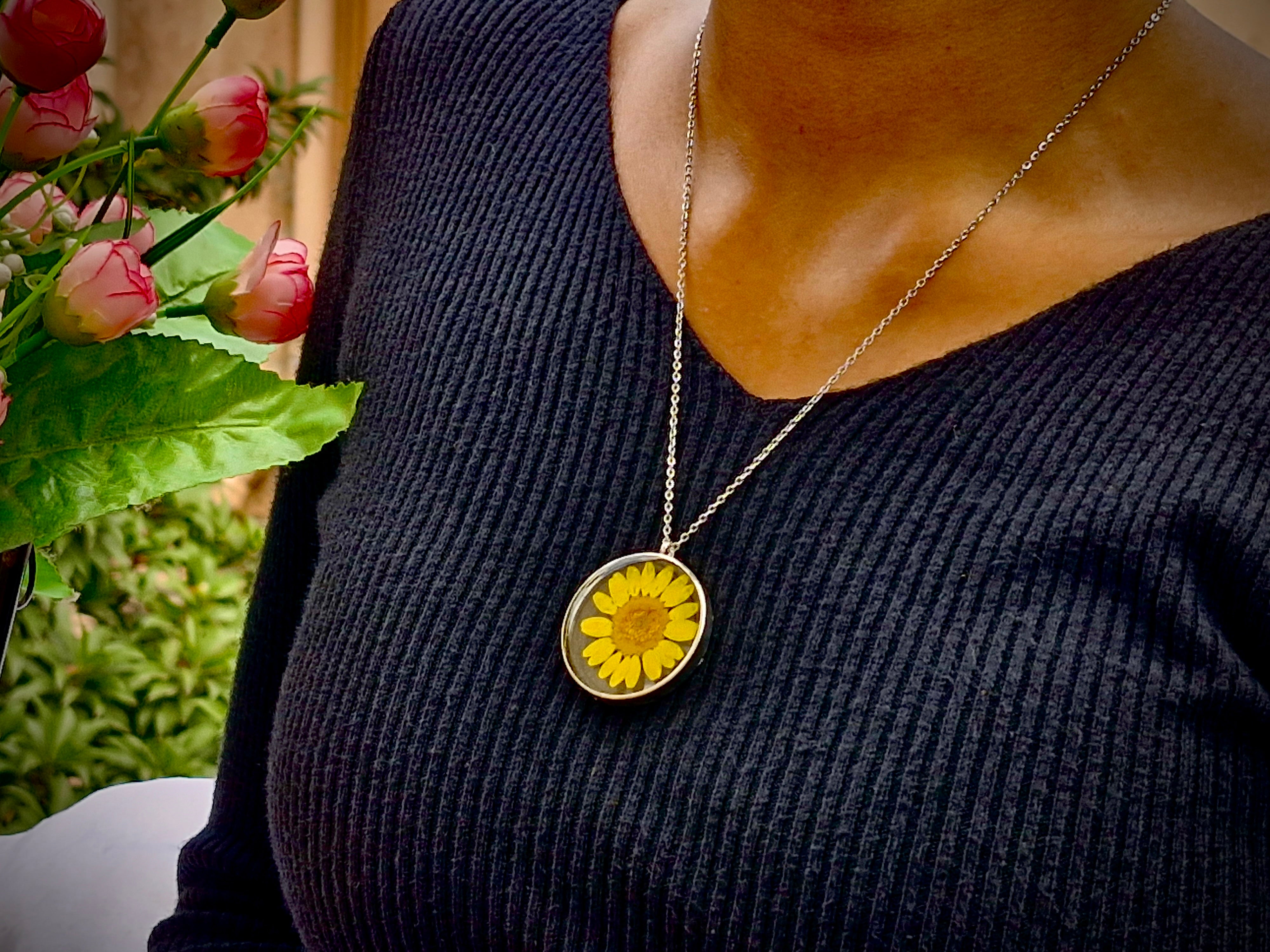 Sunflower Bloom Resin Necklace - Handmade Floral Jewelry