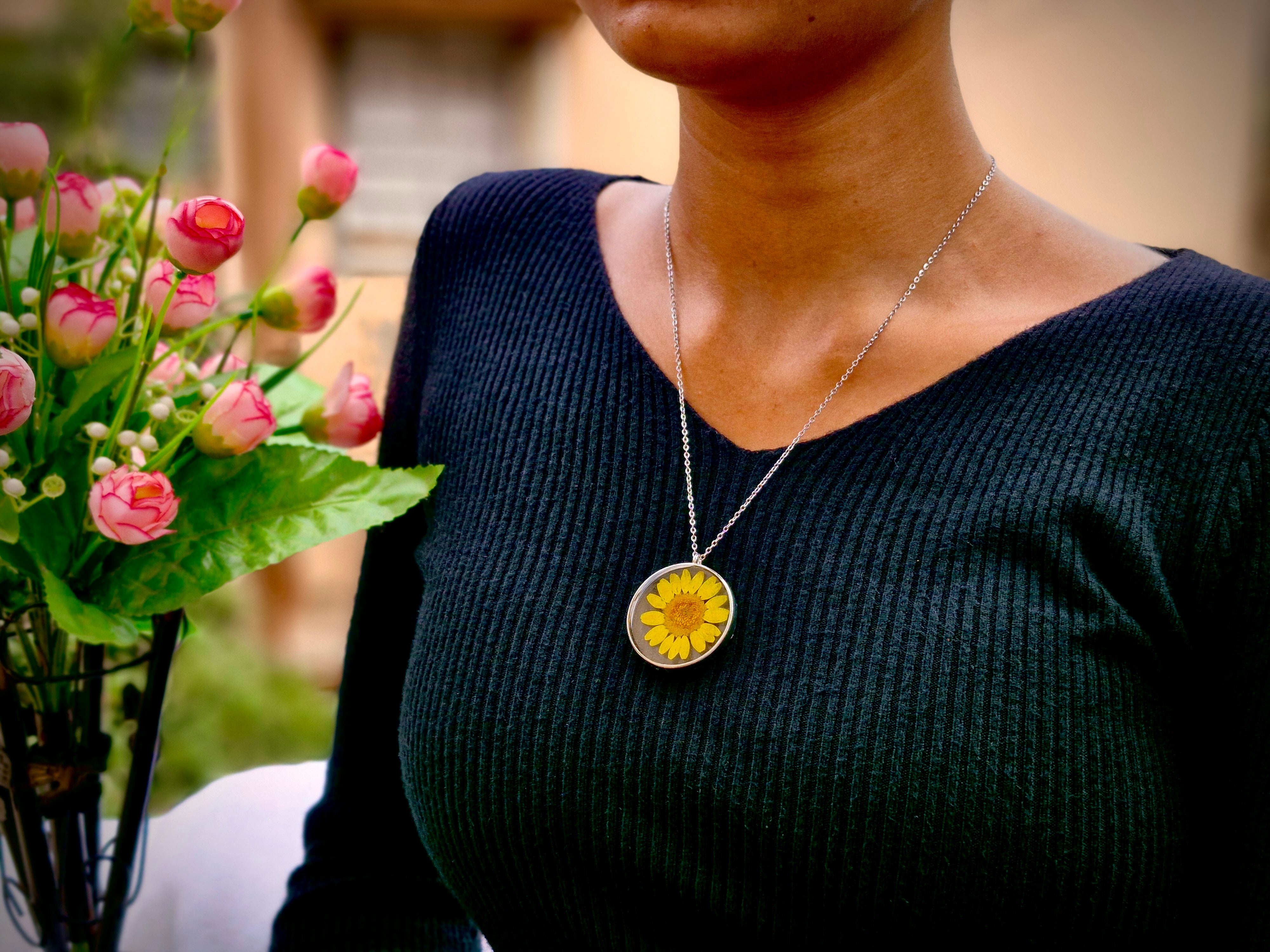 Sunflower Bloom Resin Necklace - Handmade Floral Jewelry