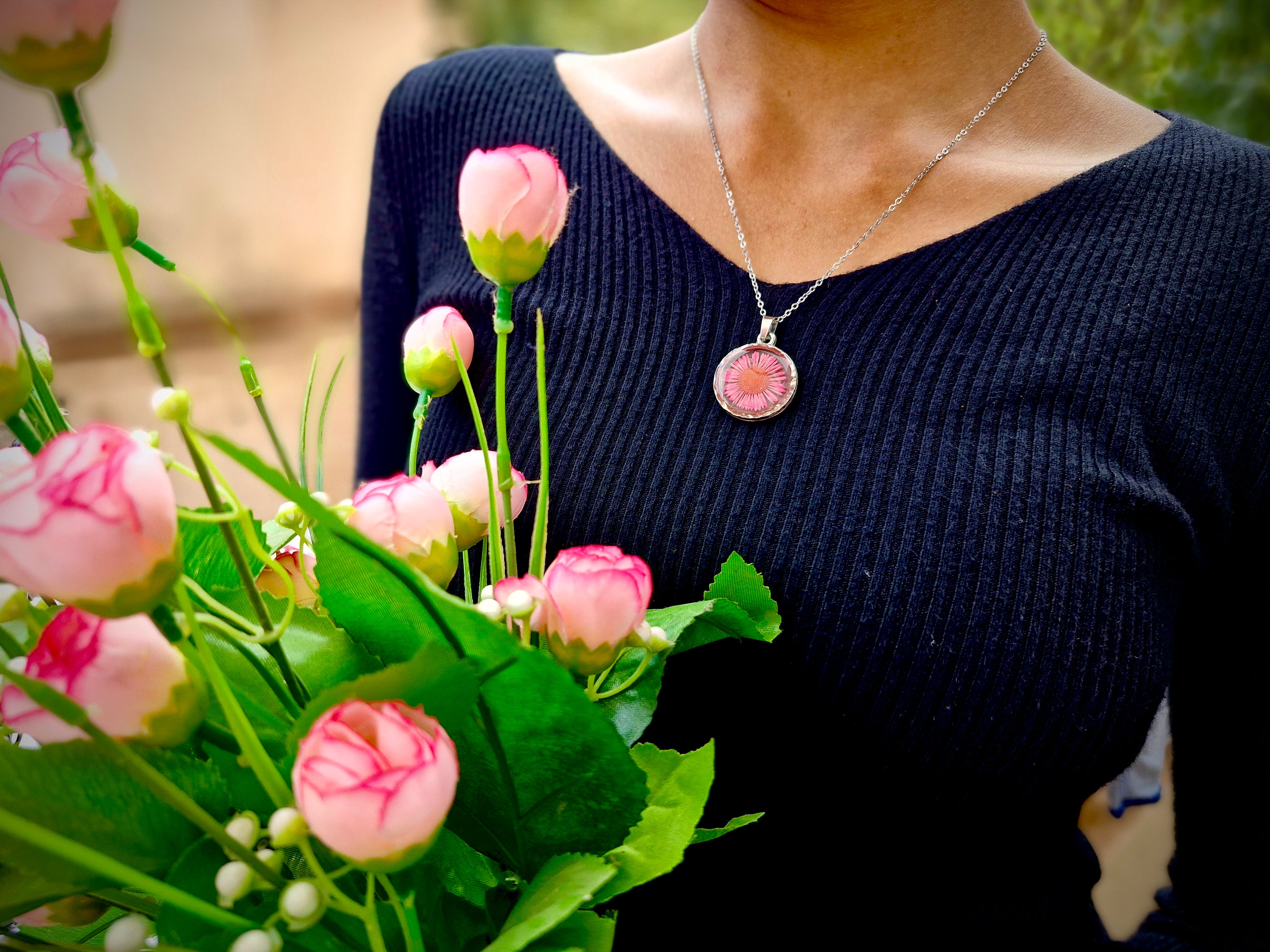 Pink Blossom Resin Necklace - Handmade Floral Jewelry by Artclassique