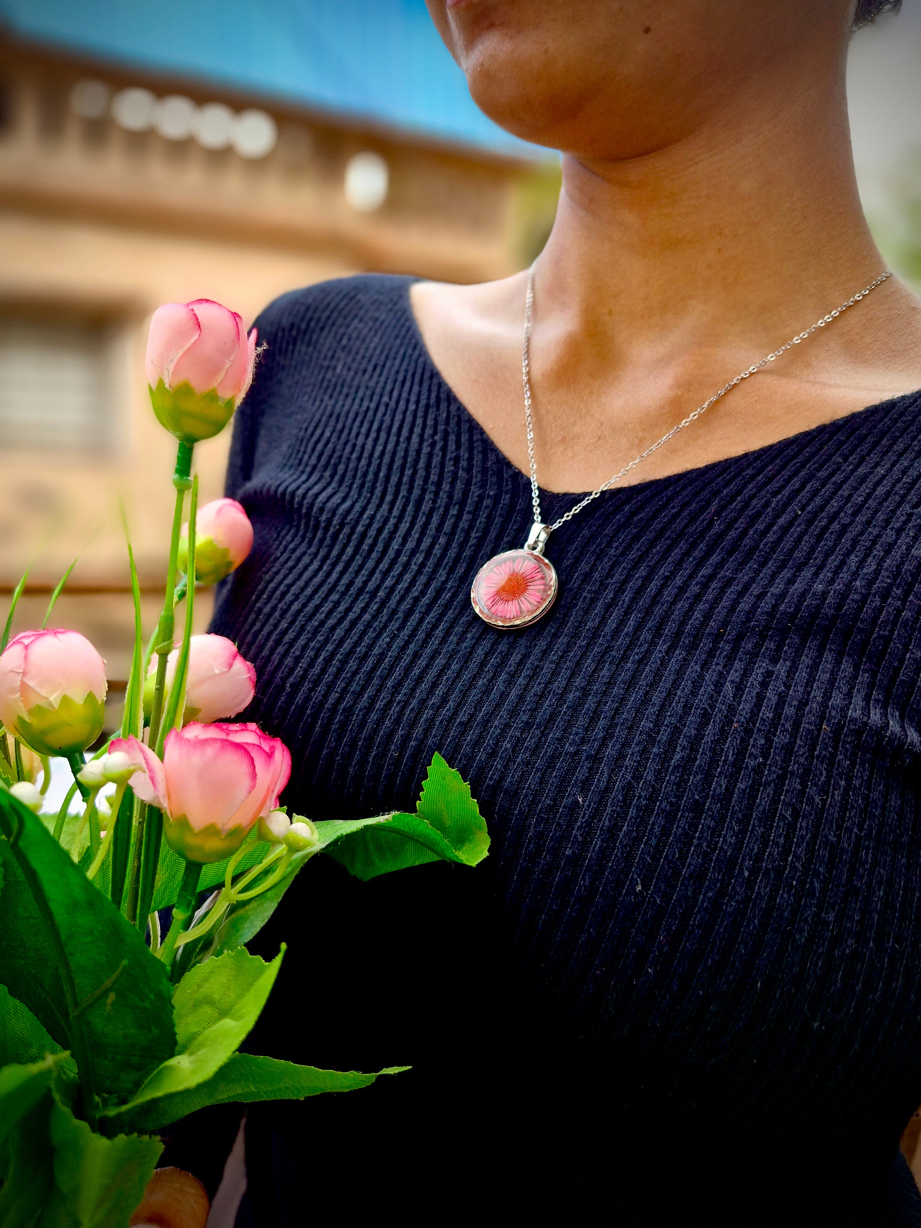 Pink Blossom Resin Necklace - Handmade Floral Jewelry by Artclassique