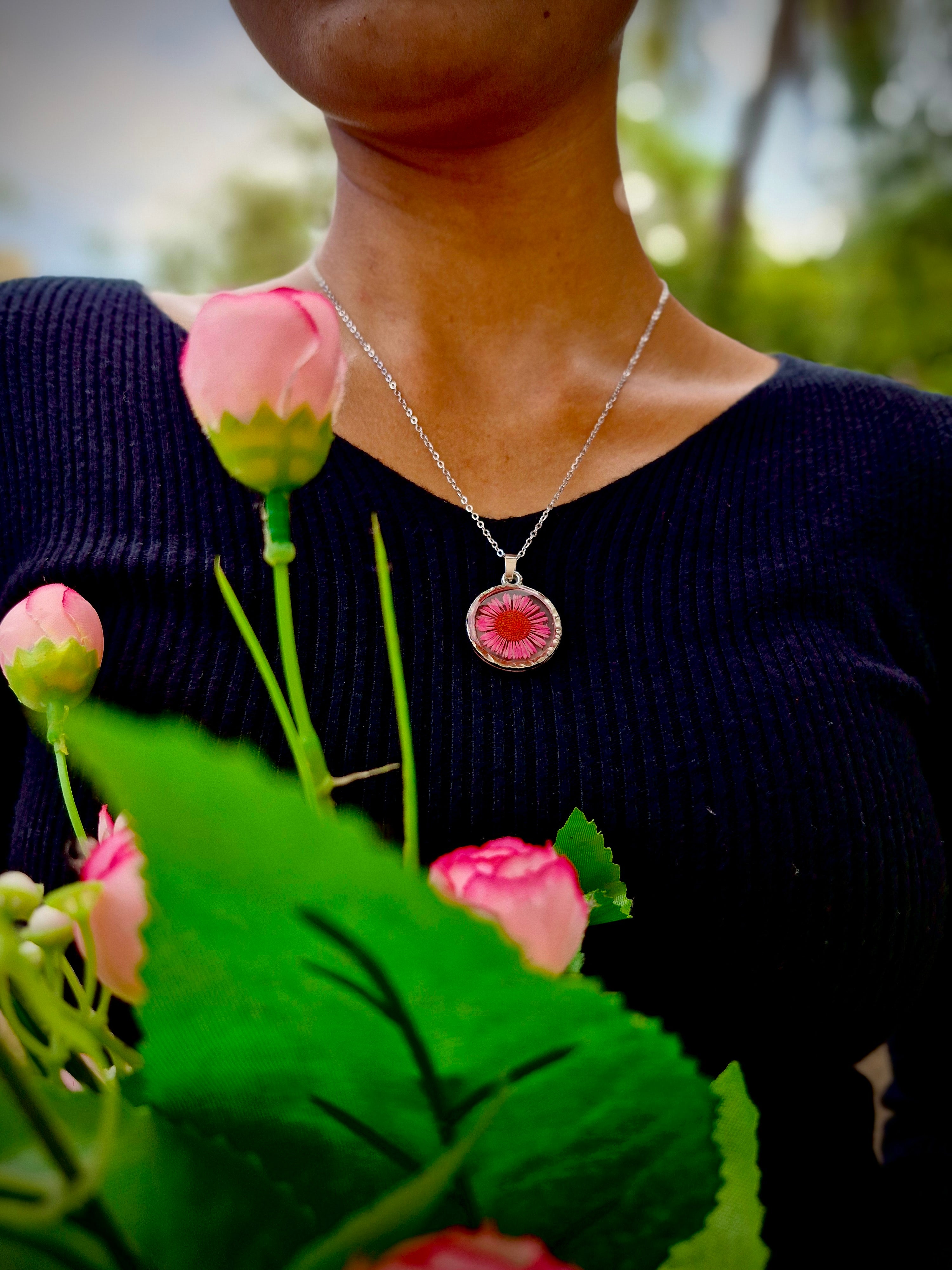 Pink Blossom Resin Necklace - Handmade Floral Jewelry by Artclassique