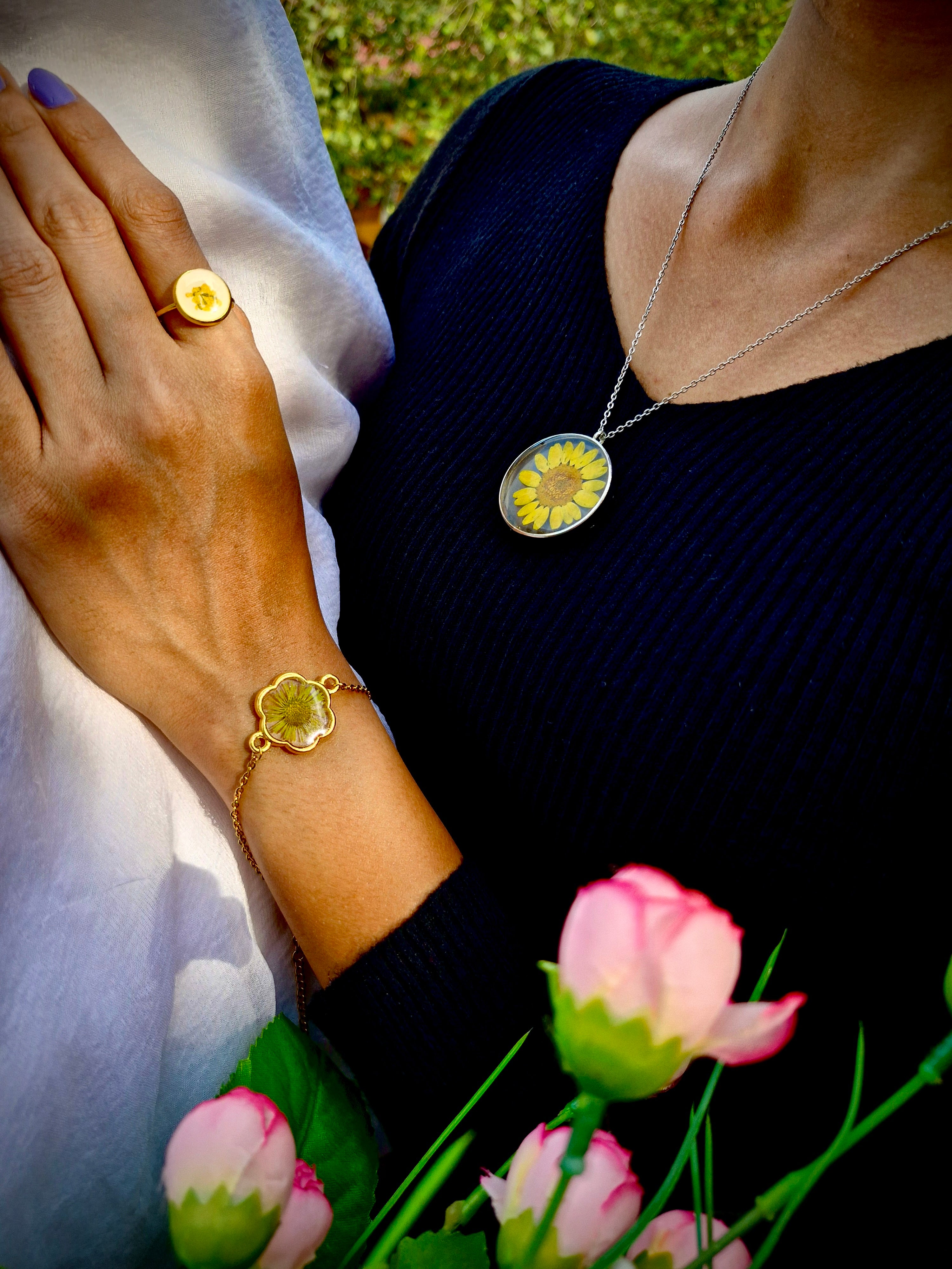 Handcrafted Botanical Resin Ring - Sunny Yellow Blossom Charm