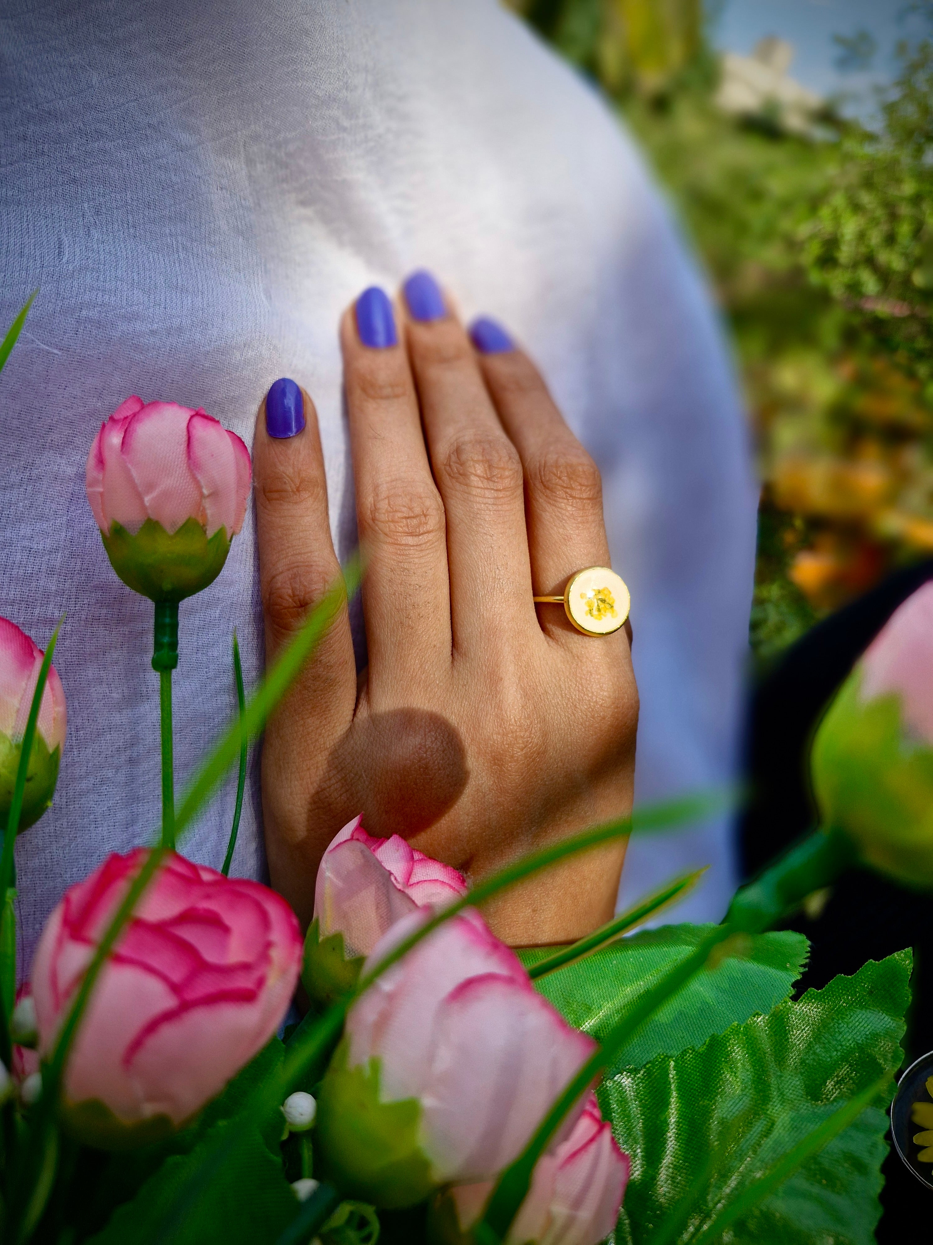 Handcrafted Botanical Resin Ring - Sunny Yellow Blossom Charm