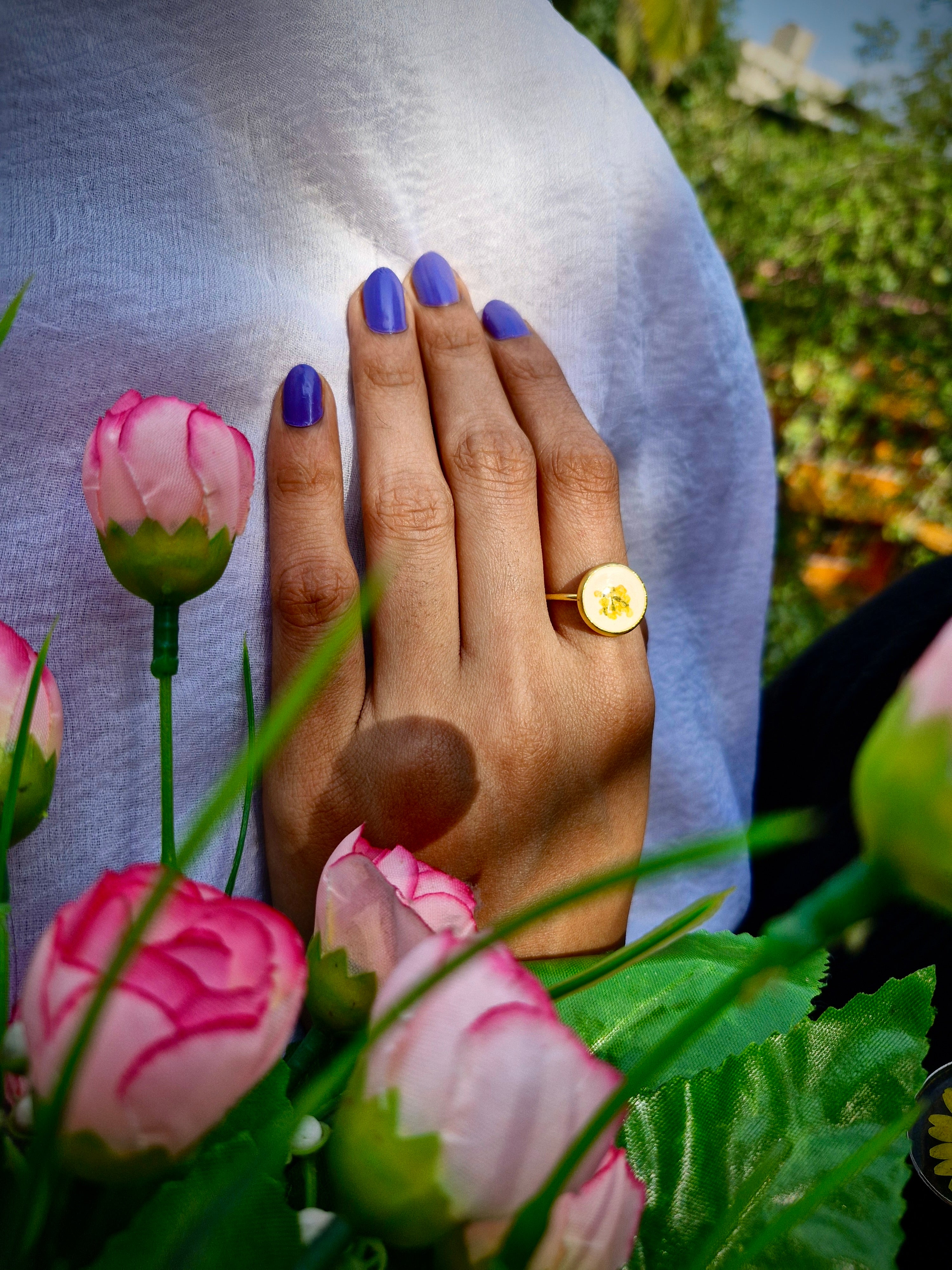 Handcrafted Botanical Resin Ring - Sunny Yellow Blossom Charm