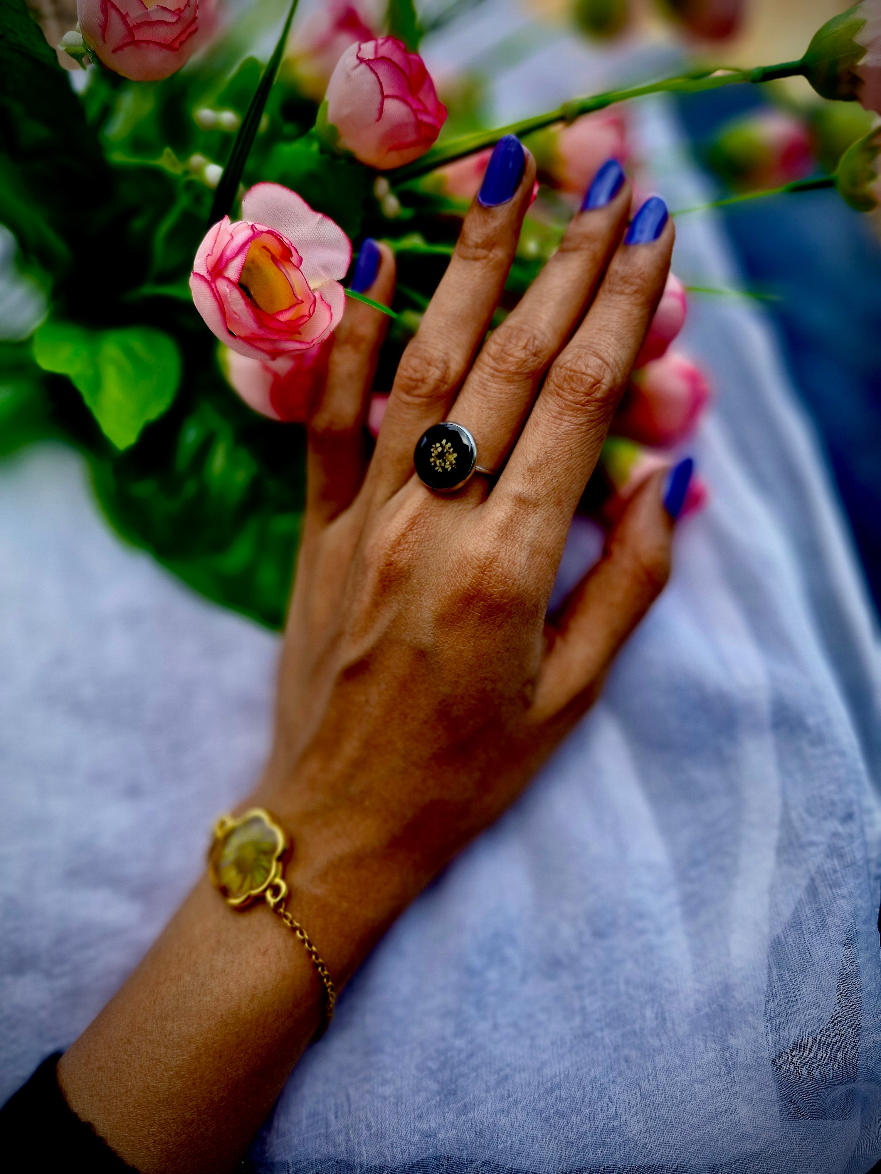 Black Resin Ring with Golden Floral Accent – Handcrafted by Artclassique