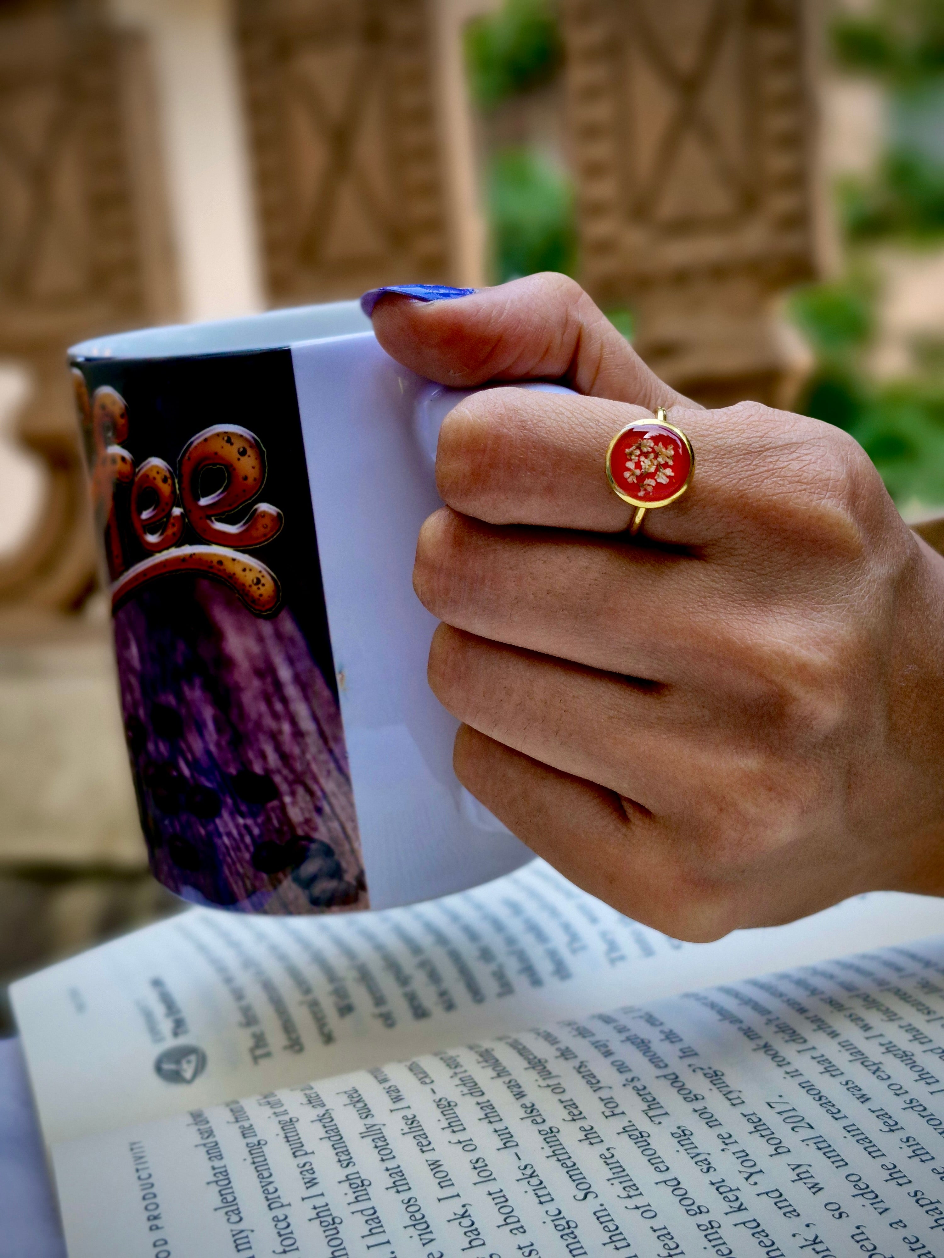 Handcrafted Botanical Resin Ring - Bold Red Charm