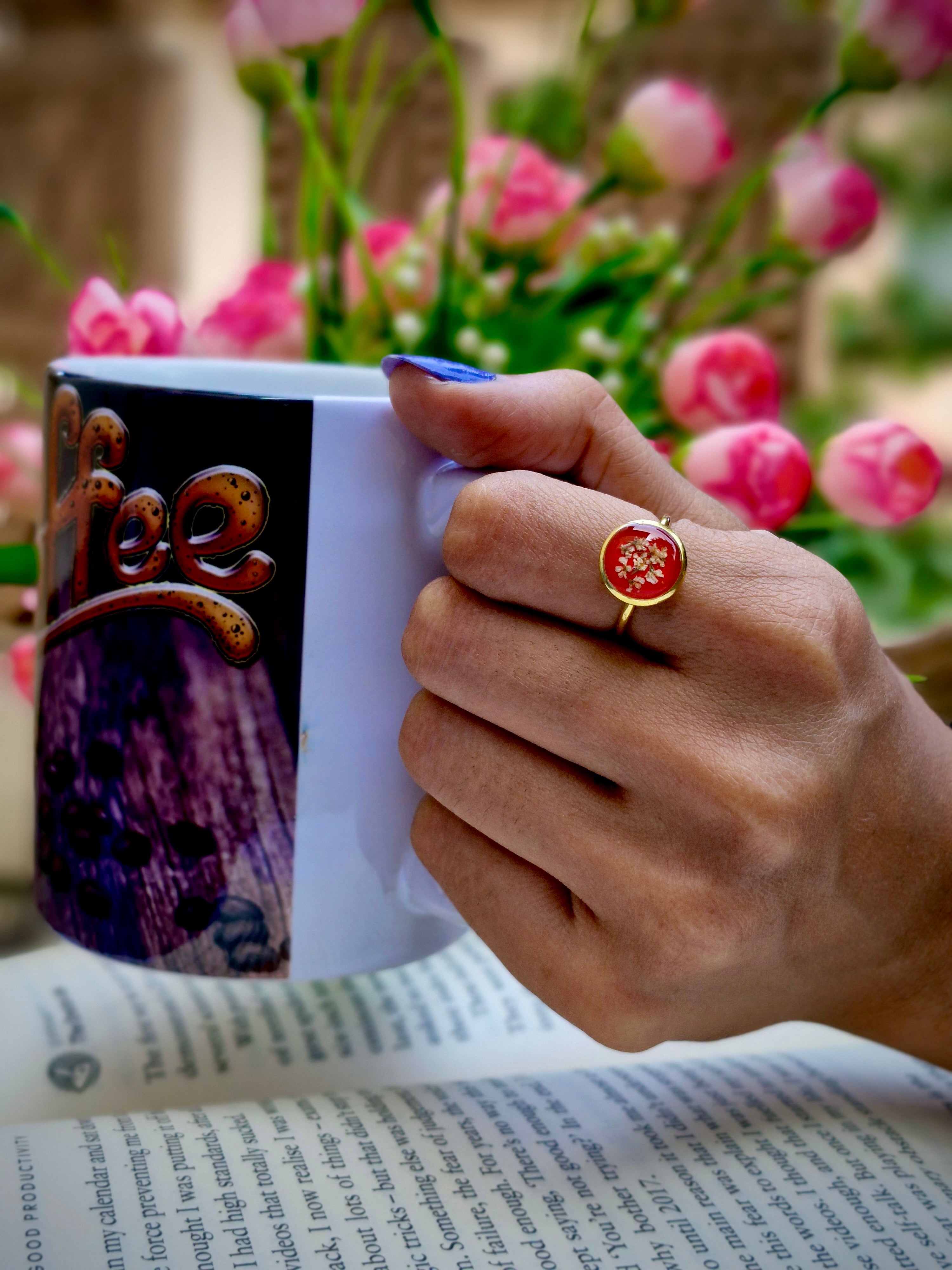 Handcrafted Botanical Resin Ring - Bold Red Charm