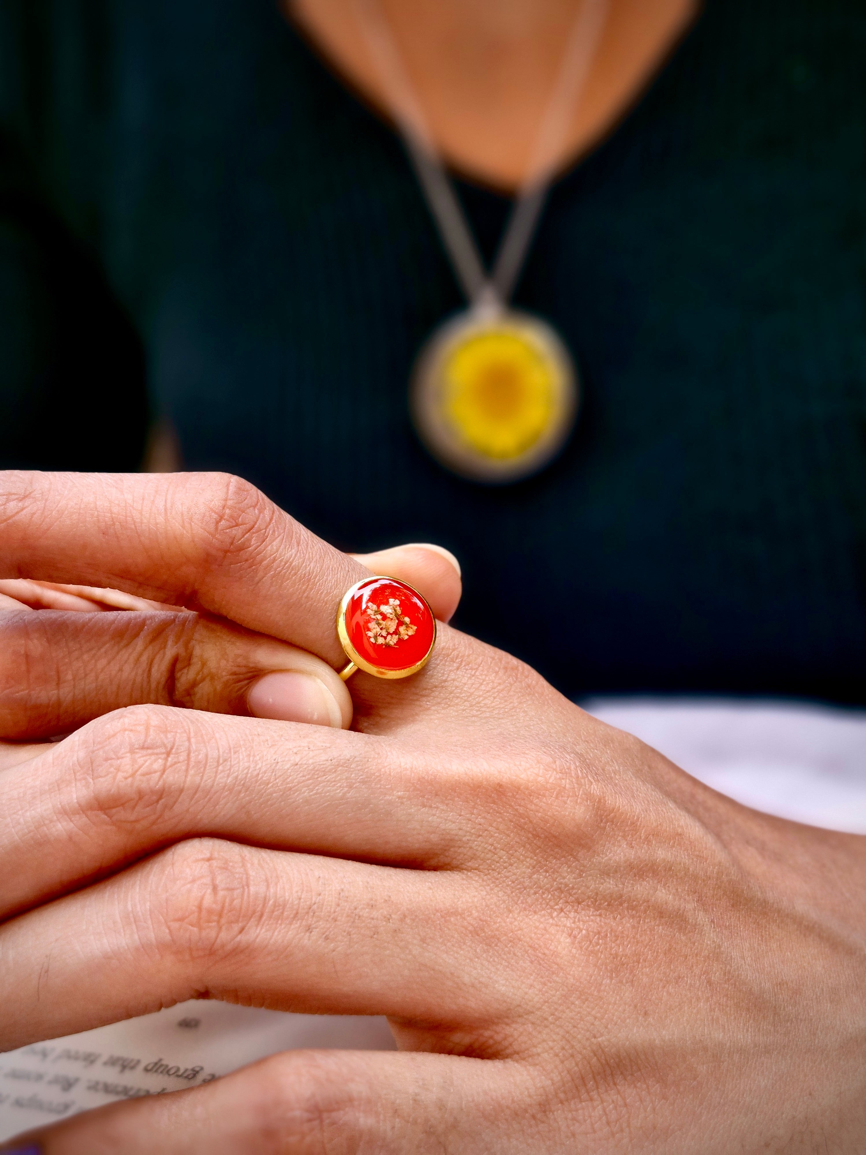 Handcrafted Botanical Resin Ring - Bold Red Charm