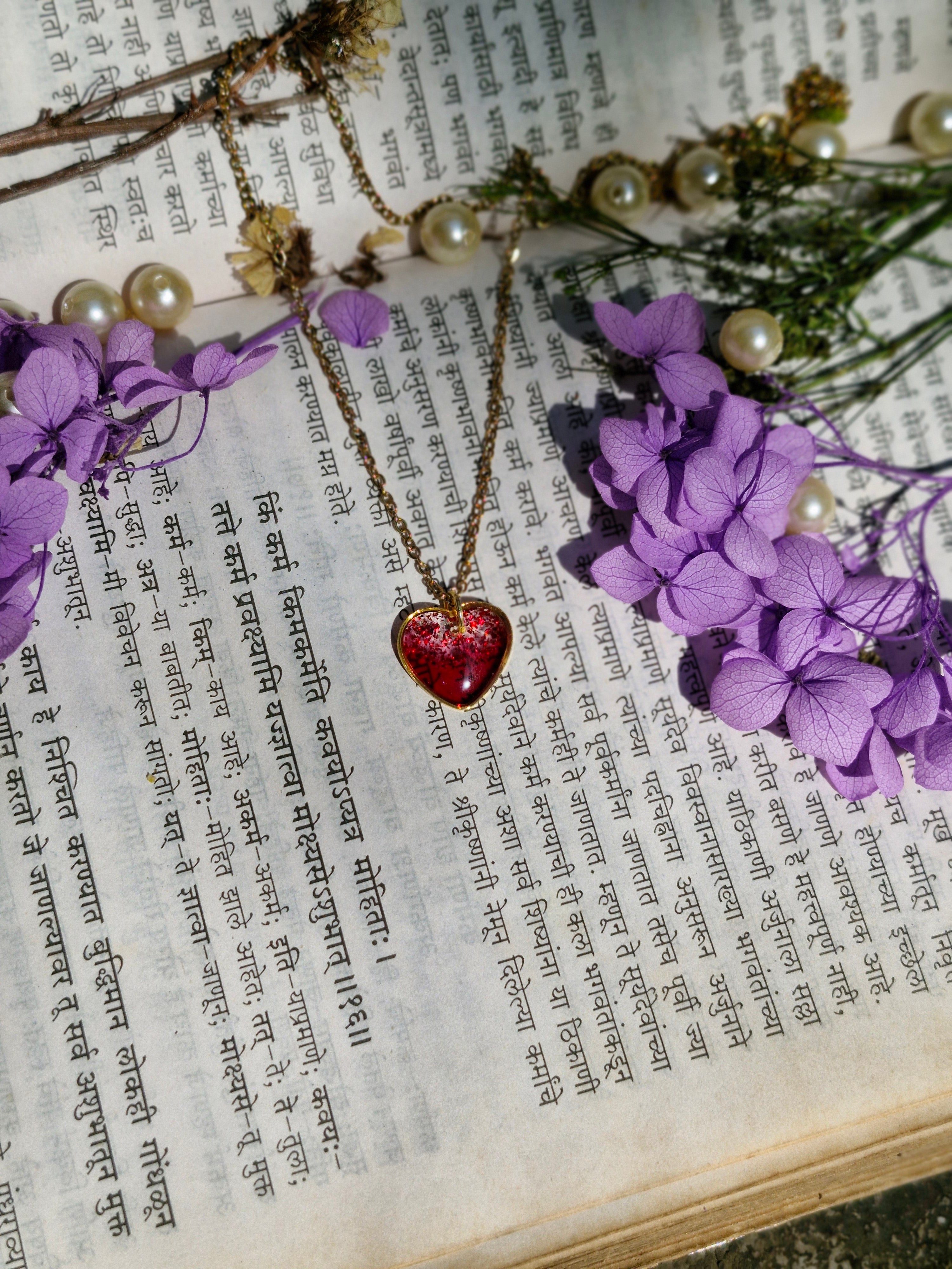 Blooming Elegance Heart - Golden Ruby Charm Necklace