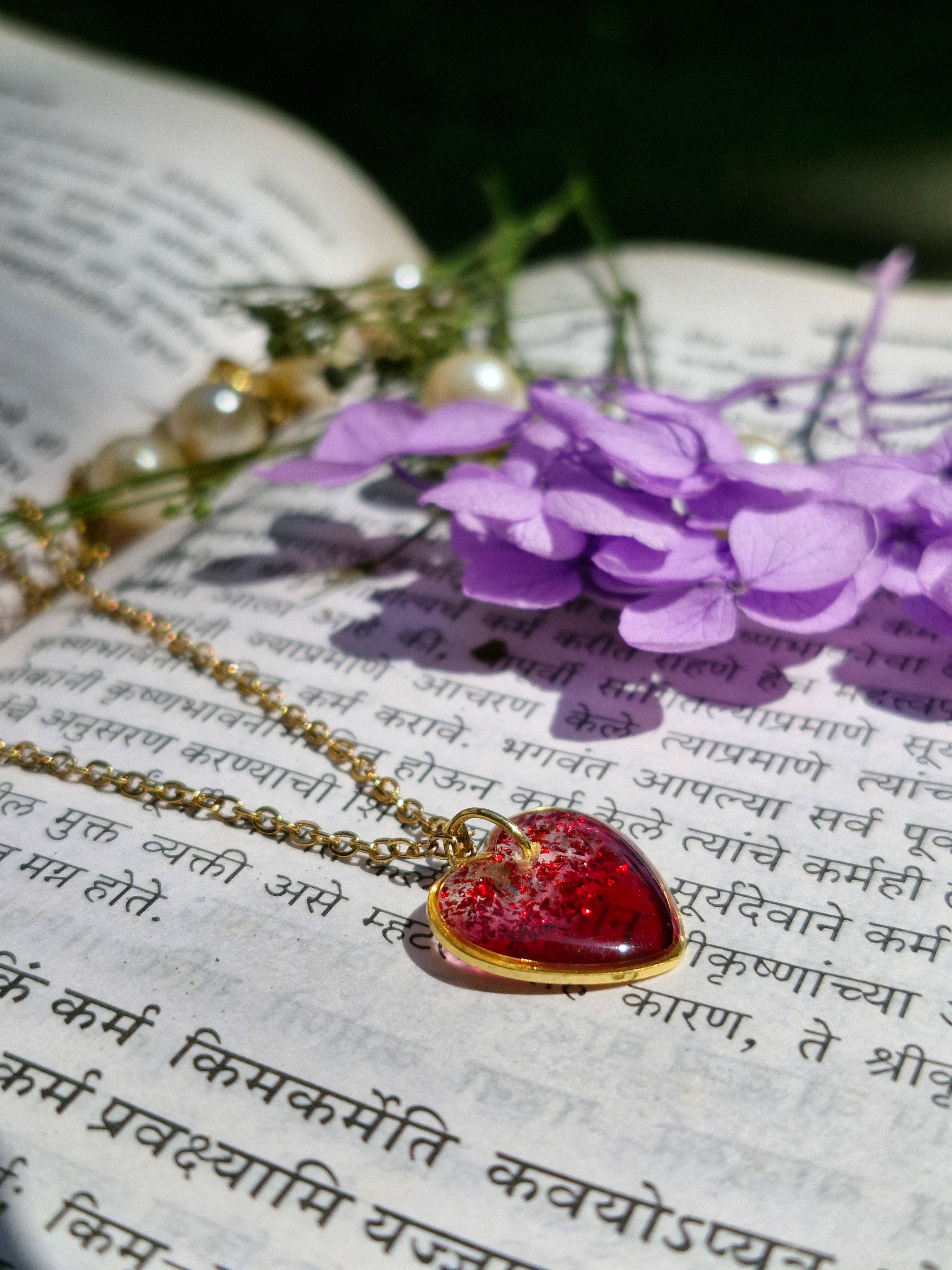 Blooming Elegance Heart - Golden Ruby Charm Necklace