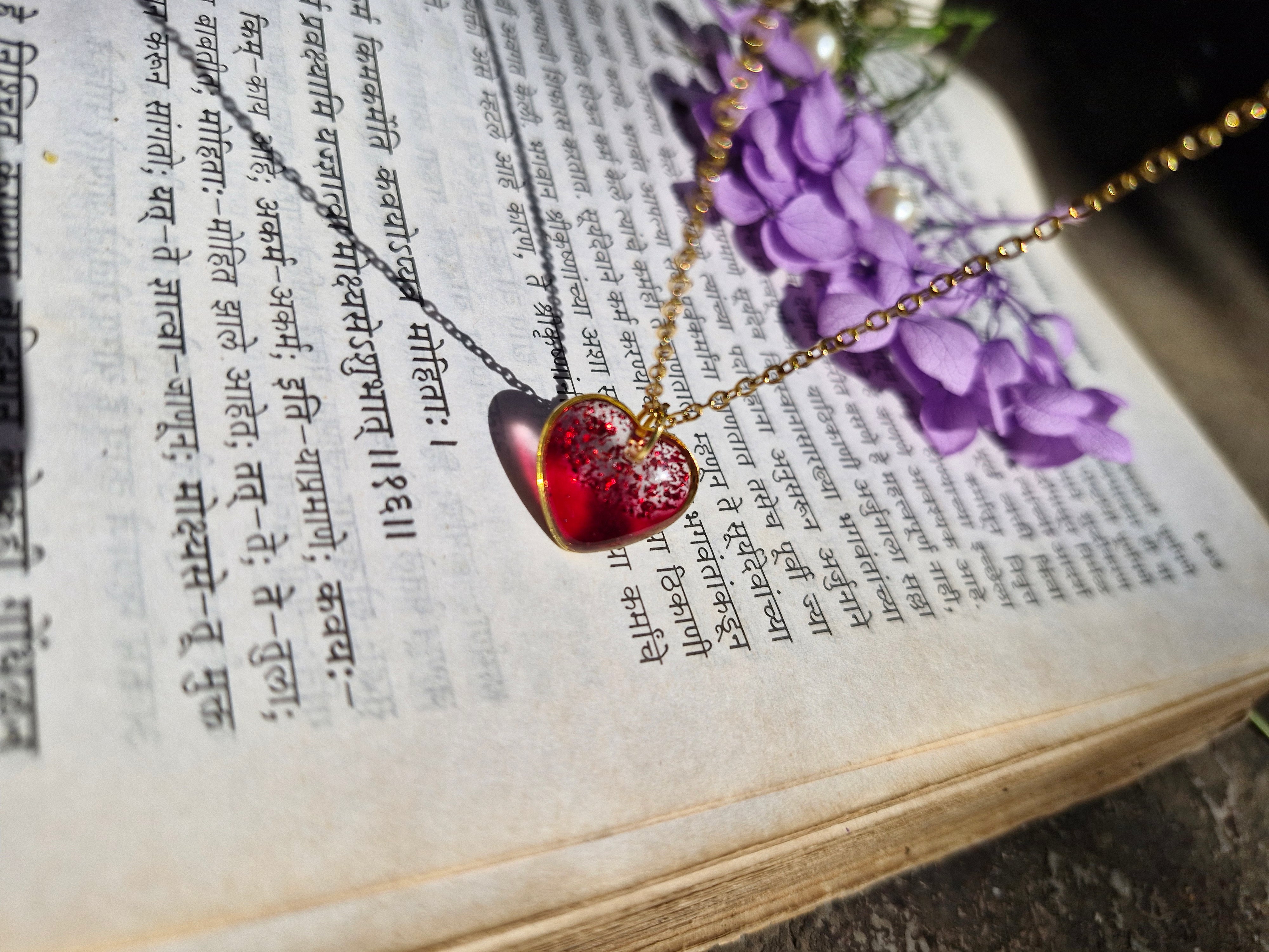 Blooming Elegance Heart - Golden Ruby Charm Necklace