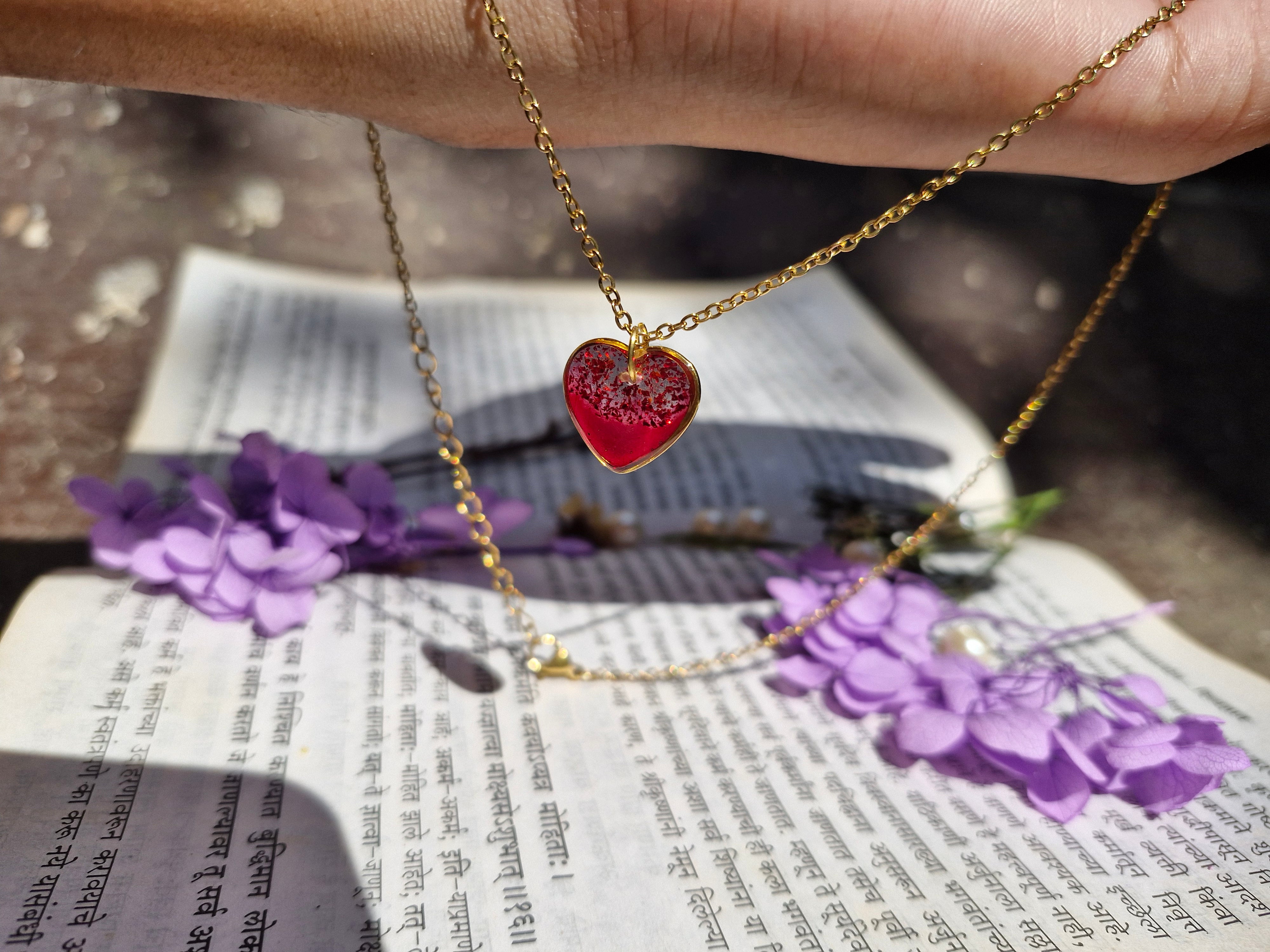 Blooming Elegance Heart - Golden Ruby Charm Necklace