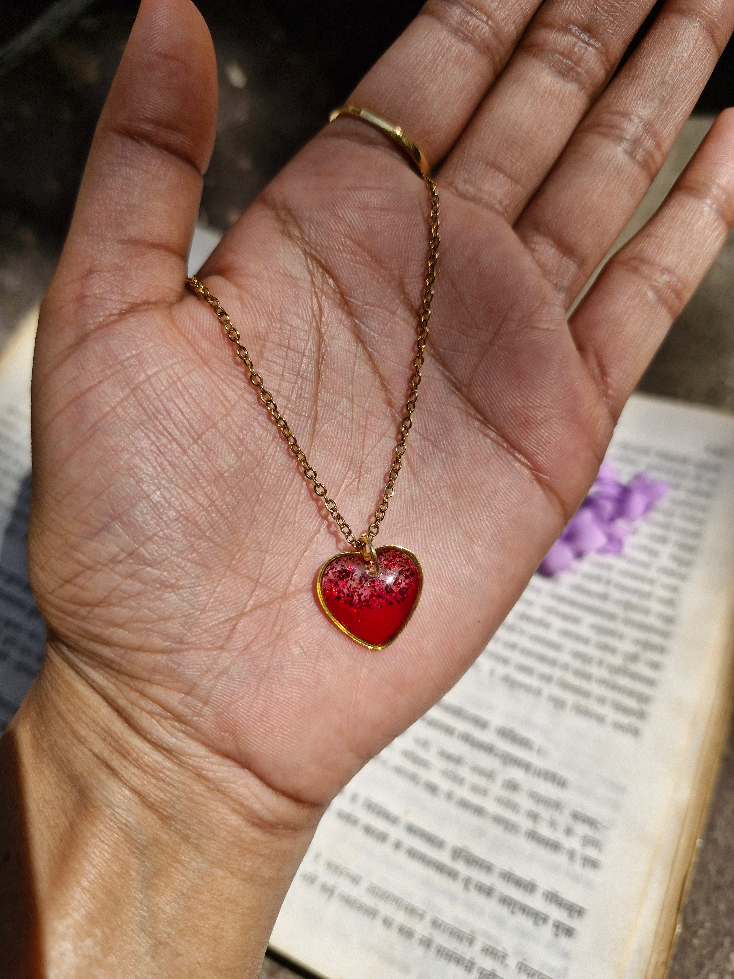 Blooming Elegance Heart - Golden Ruby Charm Necklace