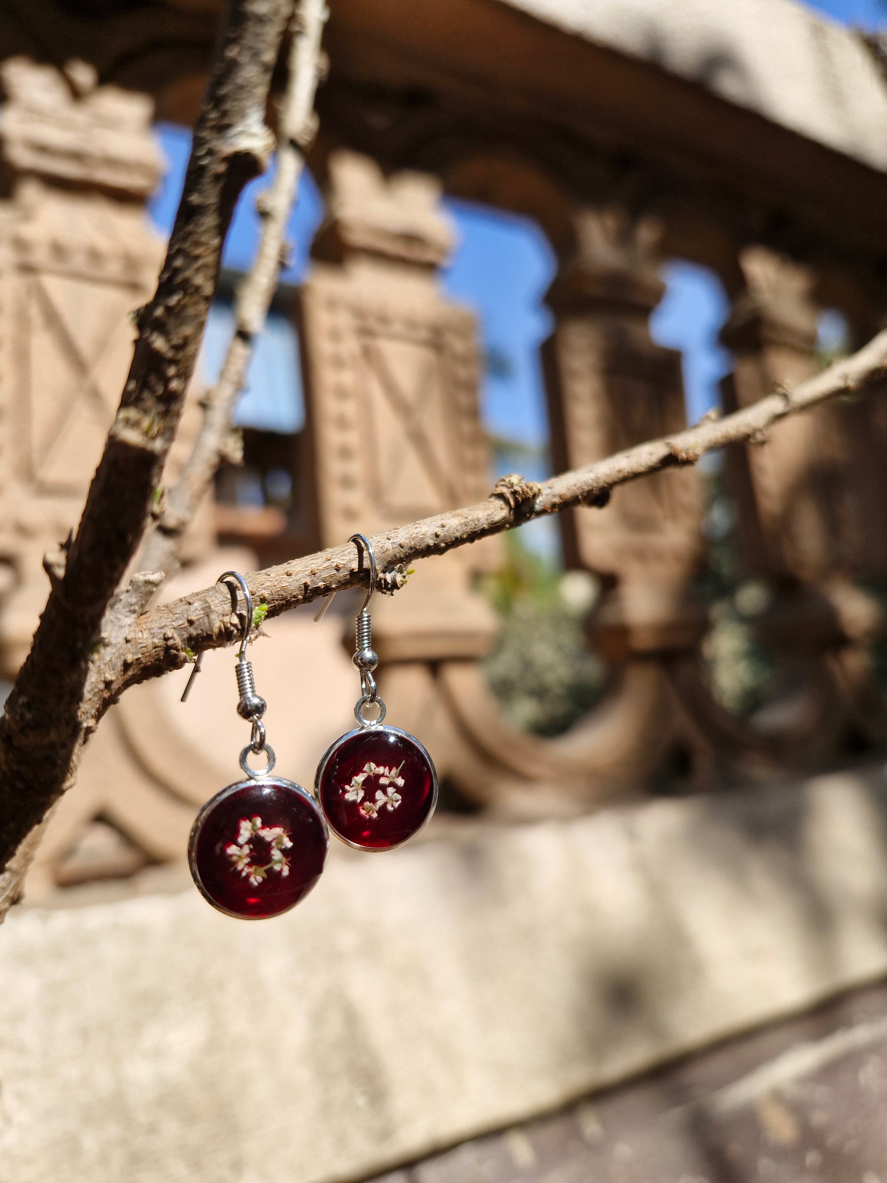 Handcrafted Botanical Resin Earrings - Deep Ruby White Blossom