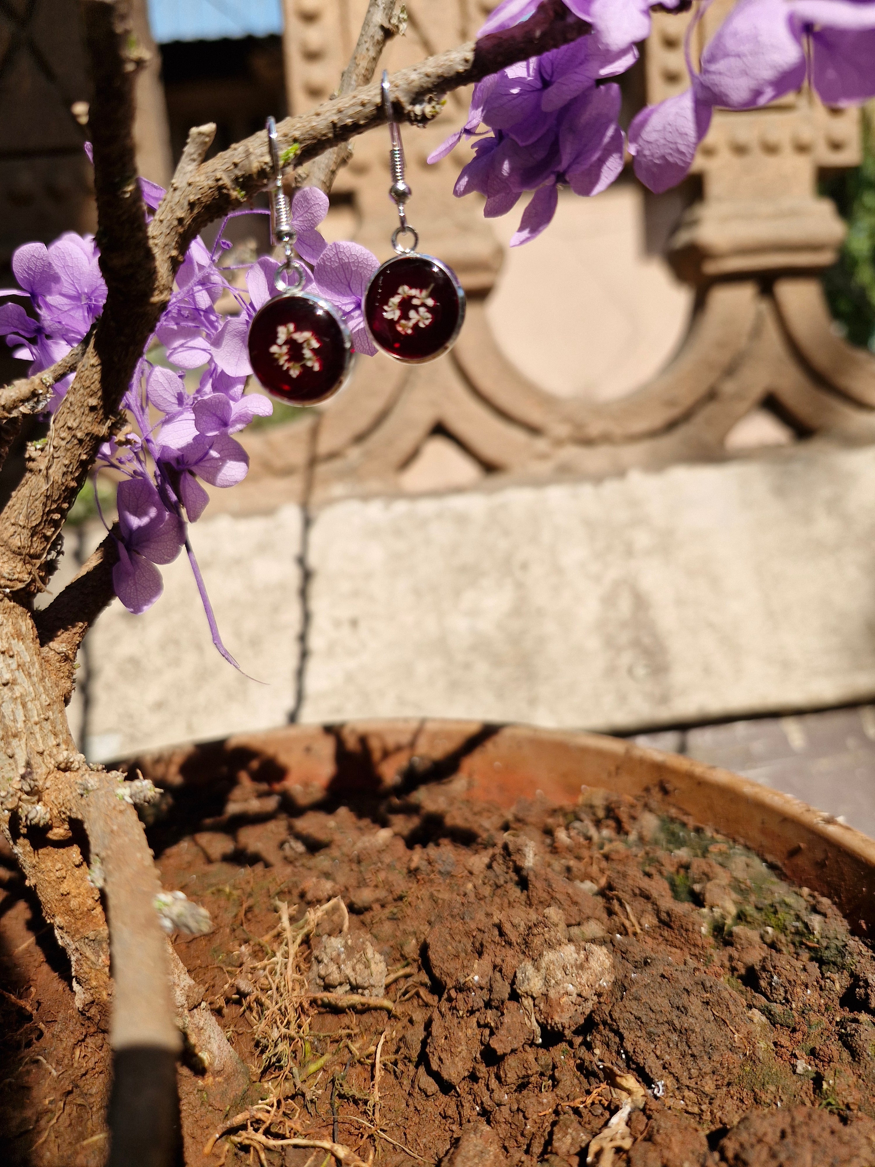 Handcrafted Botanical Resin Earrings - Deep Ruby White Blossom