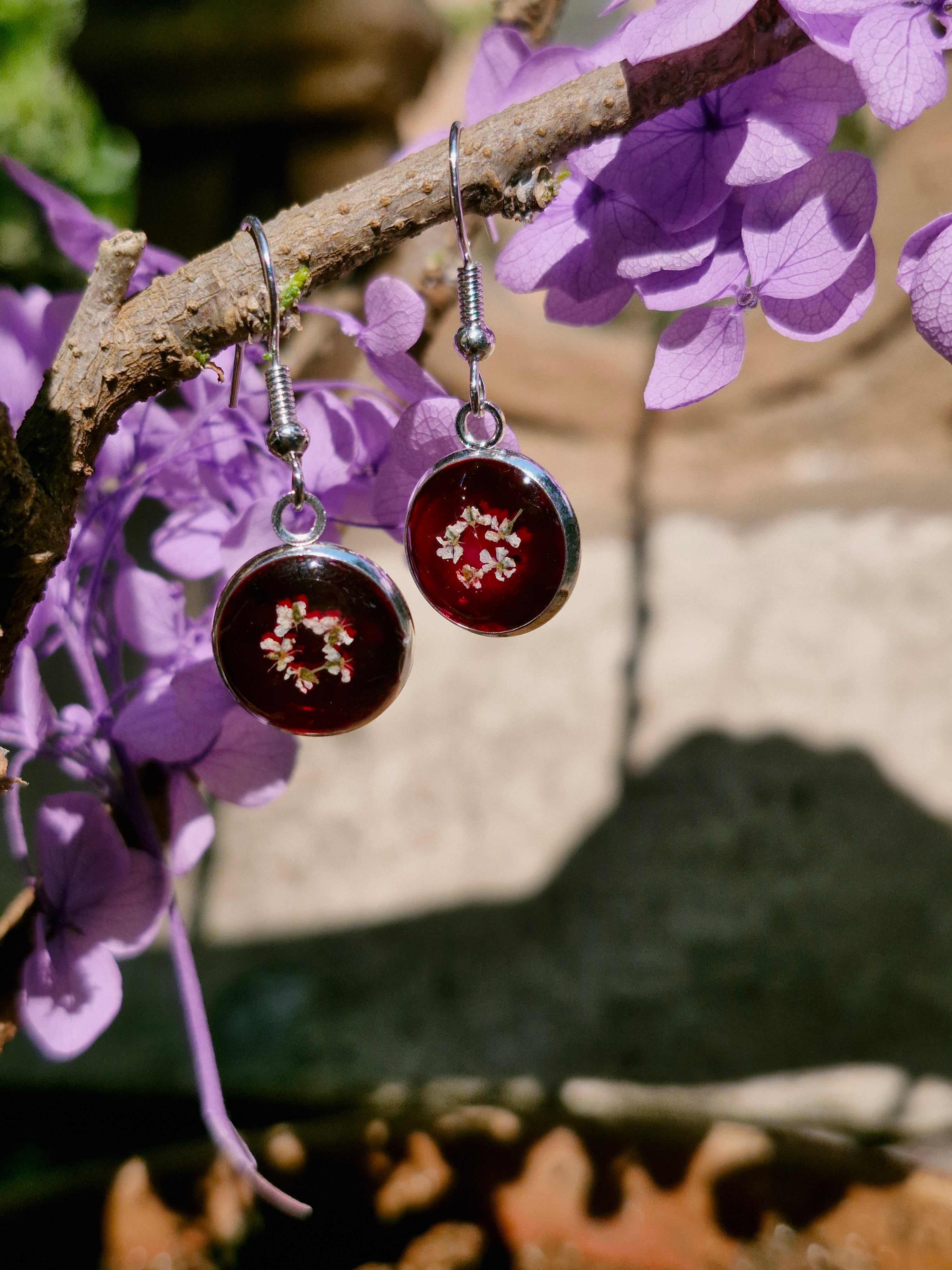 Handcrafted Botanical Resin Earrings - Deep Ruby White Blossom