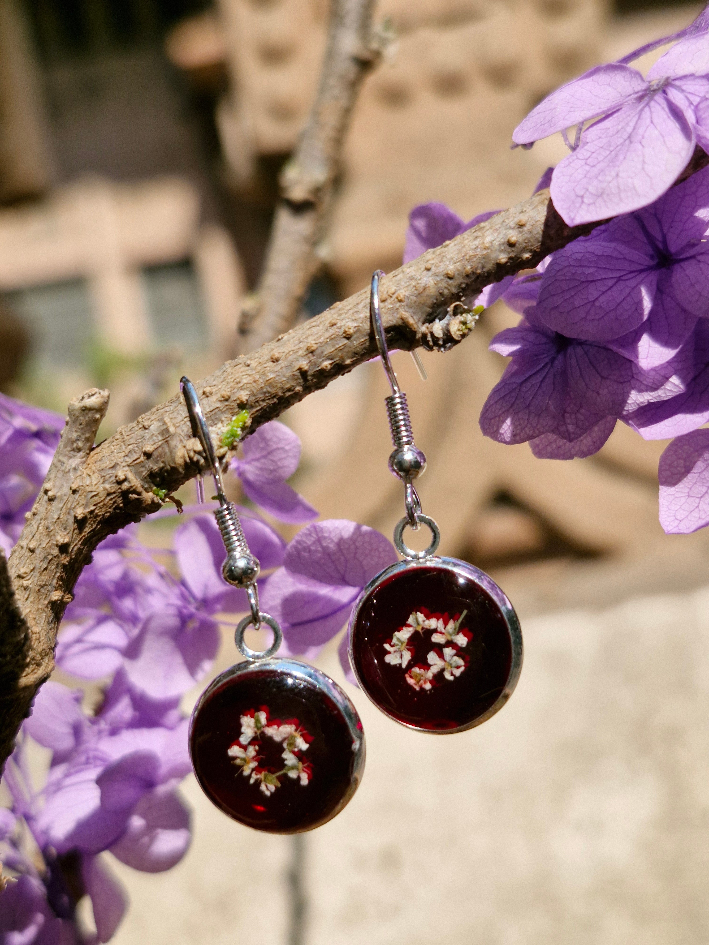 Handcrafted Botanical Resin Earrings - Deep Ruby White Blossom