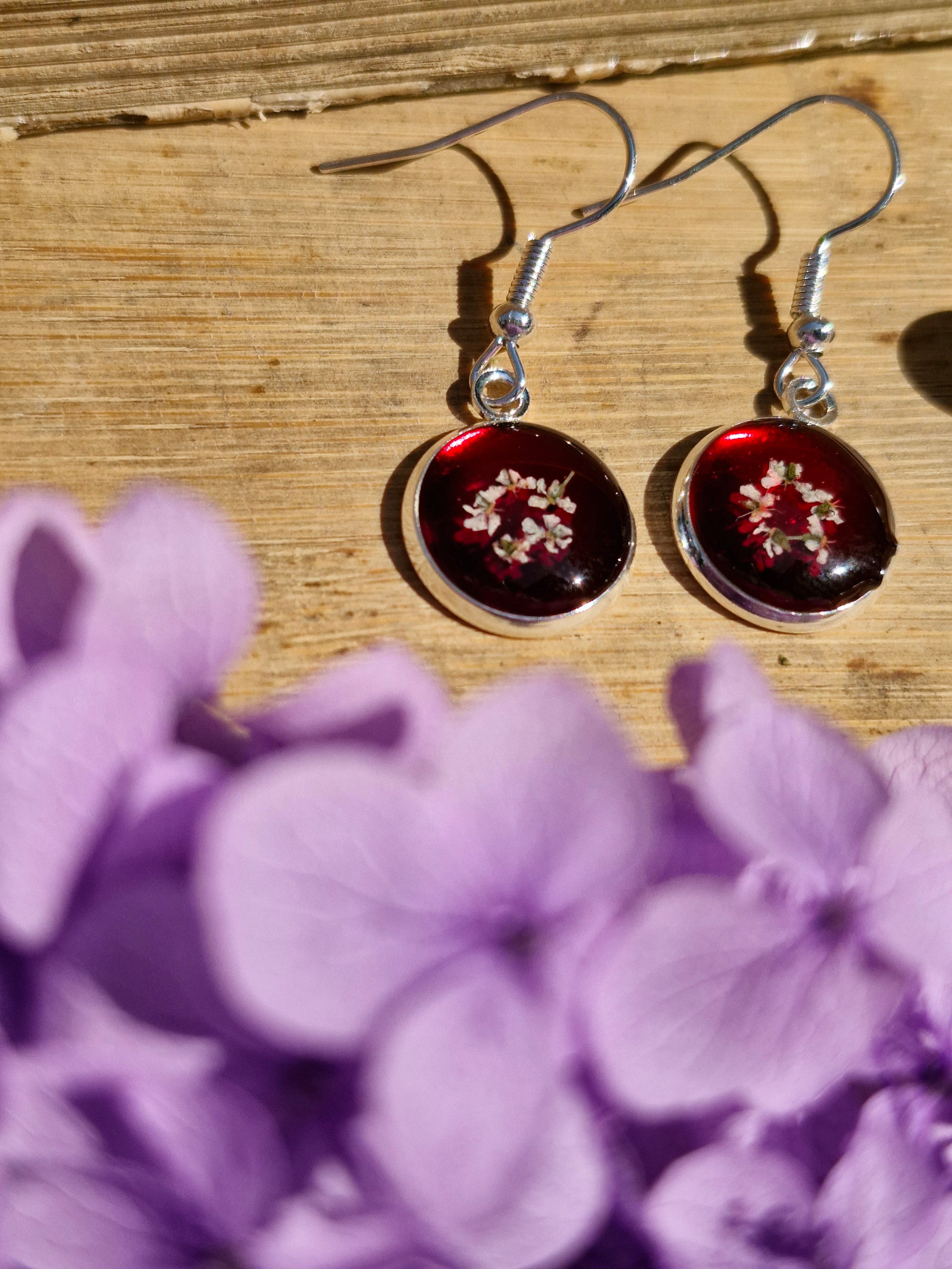 Handcrafted Botanical Resin Earrings - Deep Ruby White Blossom