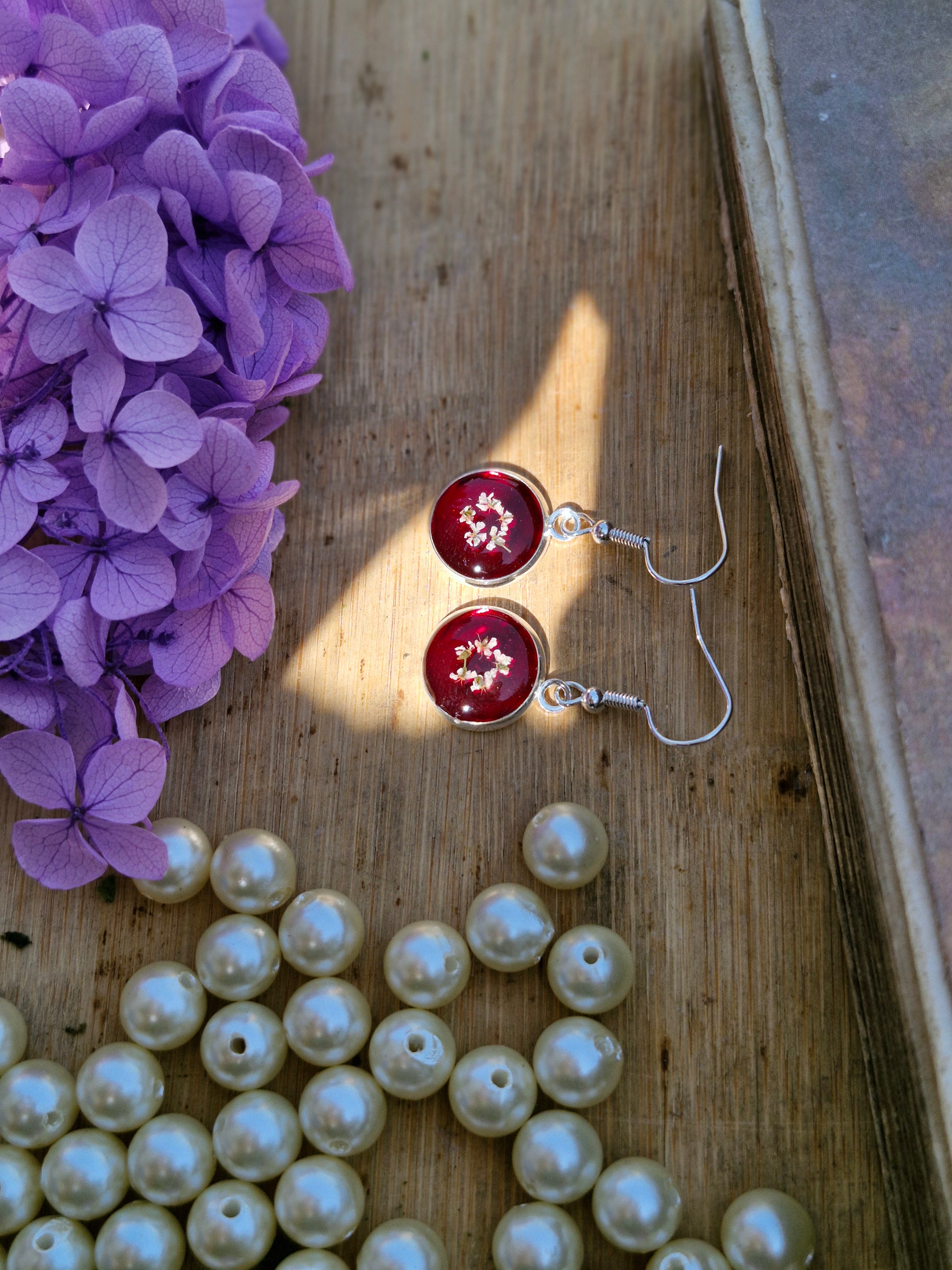 Handcrafted Botanical Resin Earrings - Deep Ruby White Blossom