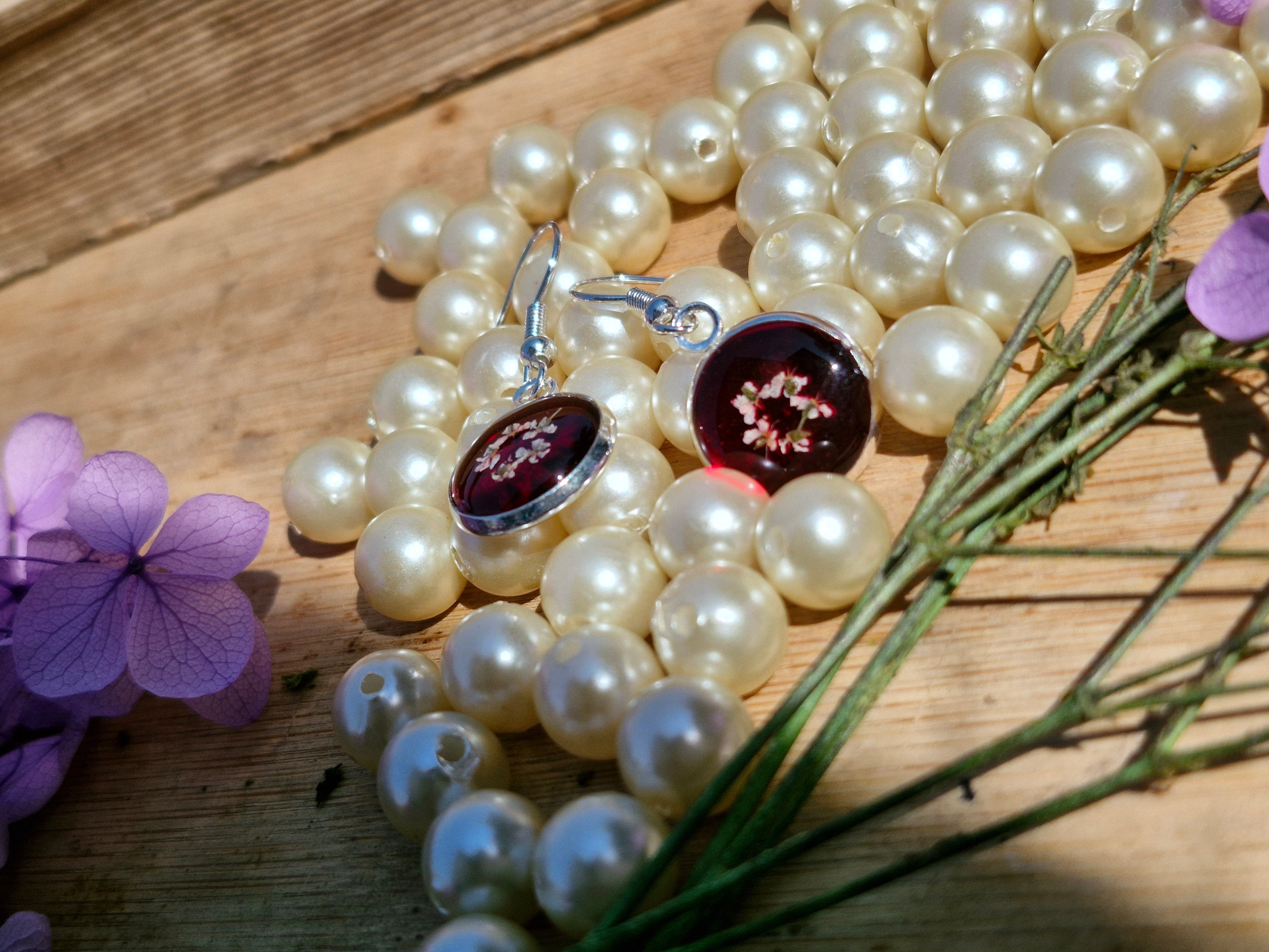 Handcrafted Botanical Resin Earrings - Deep Ruby White Blossom