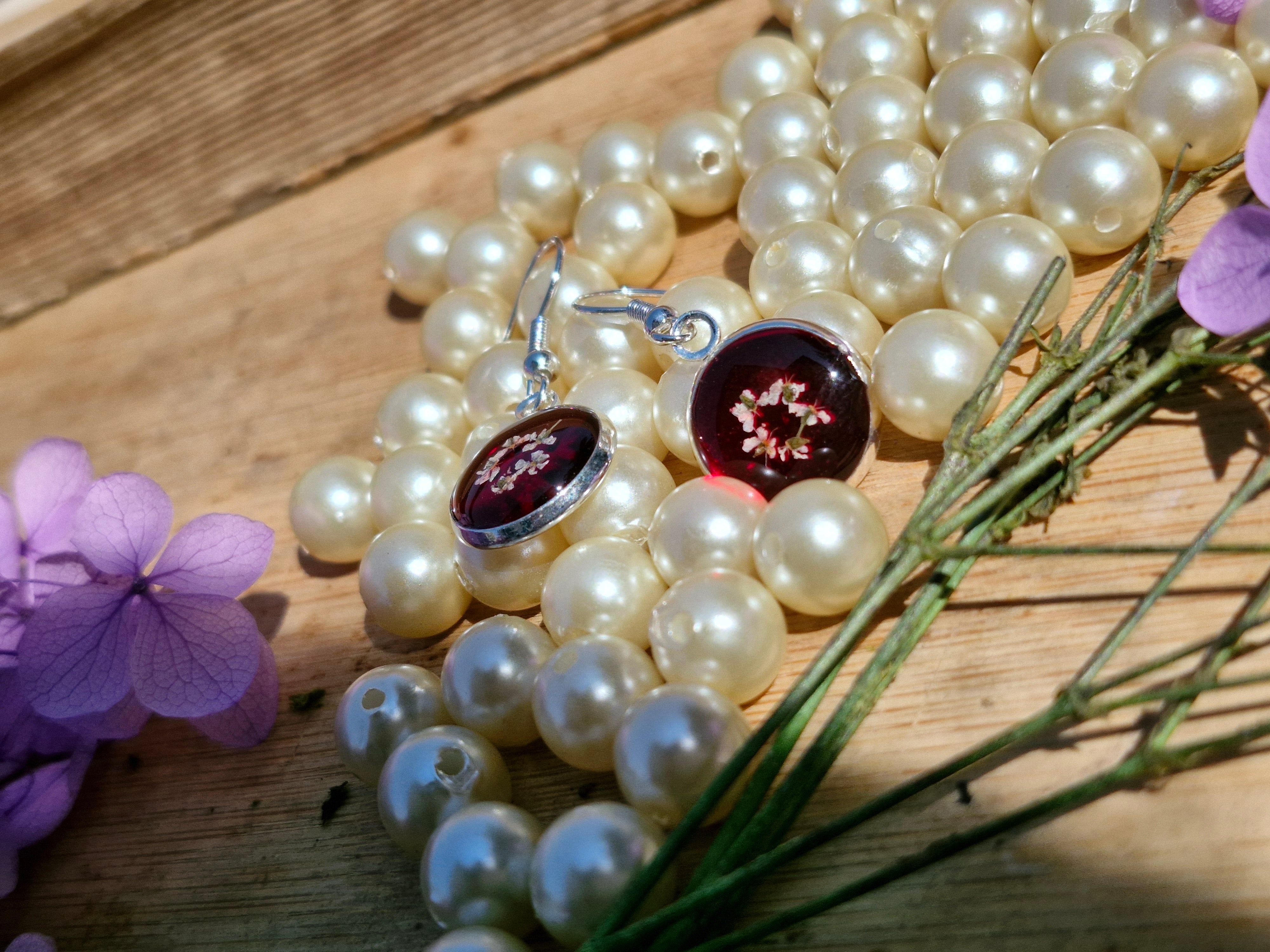 Handcrafted Botanical Resin Earrings - Deep Ruby White Blossom