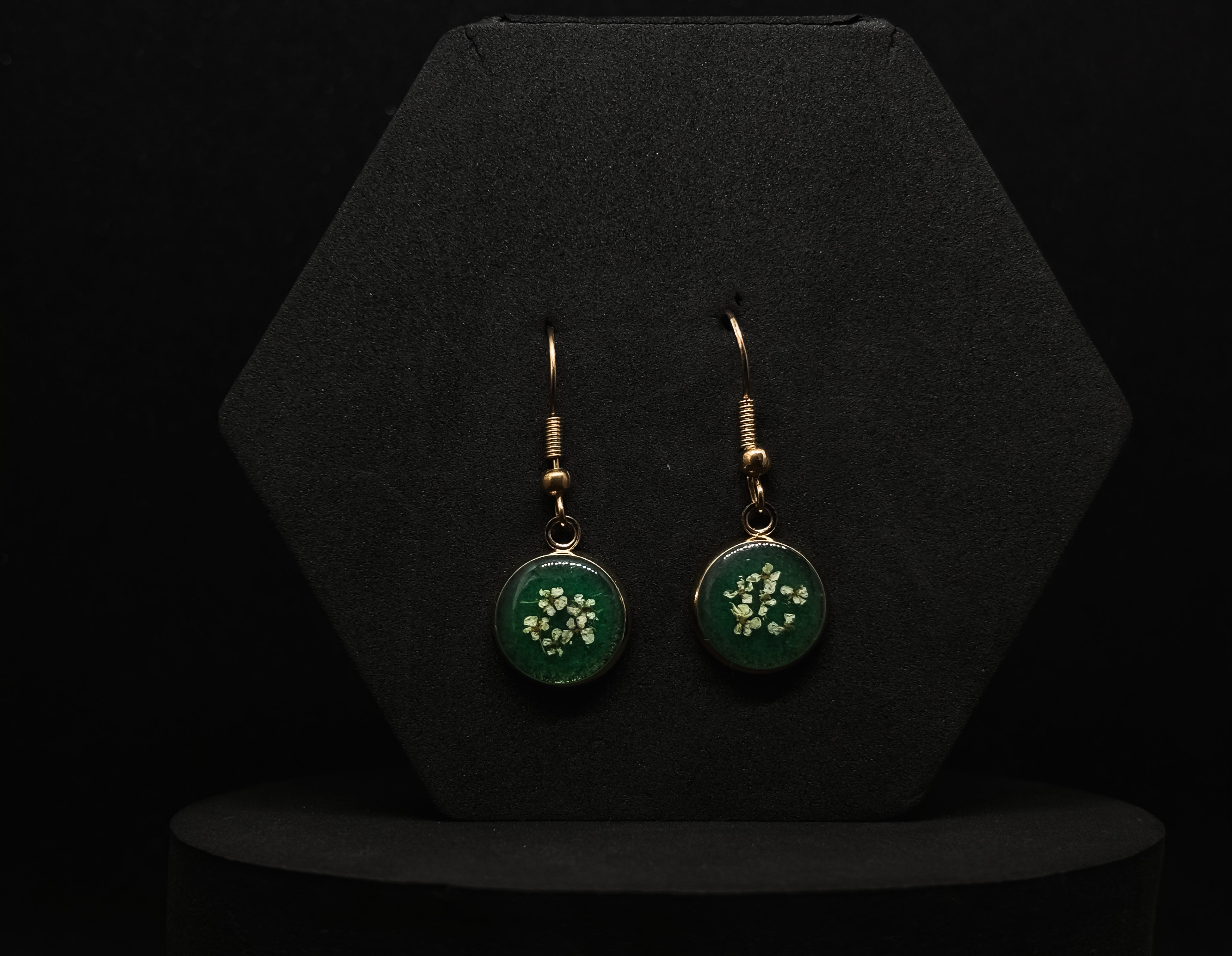 Handmade Green Resin Earrings with Floral Accents