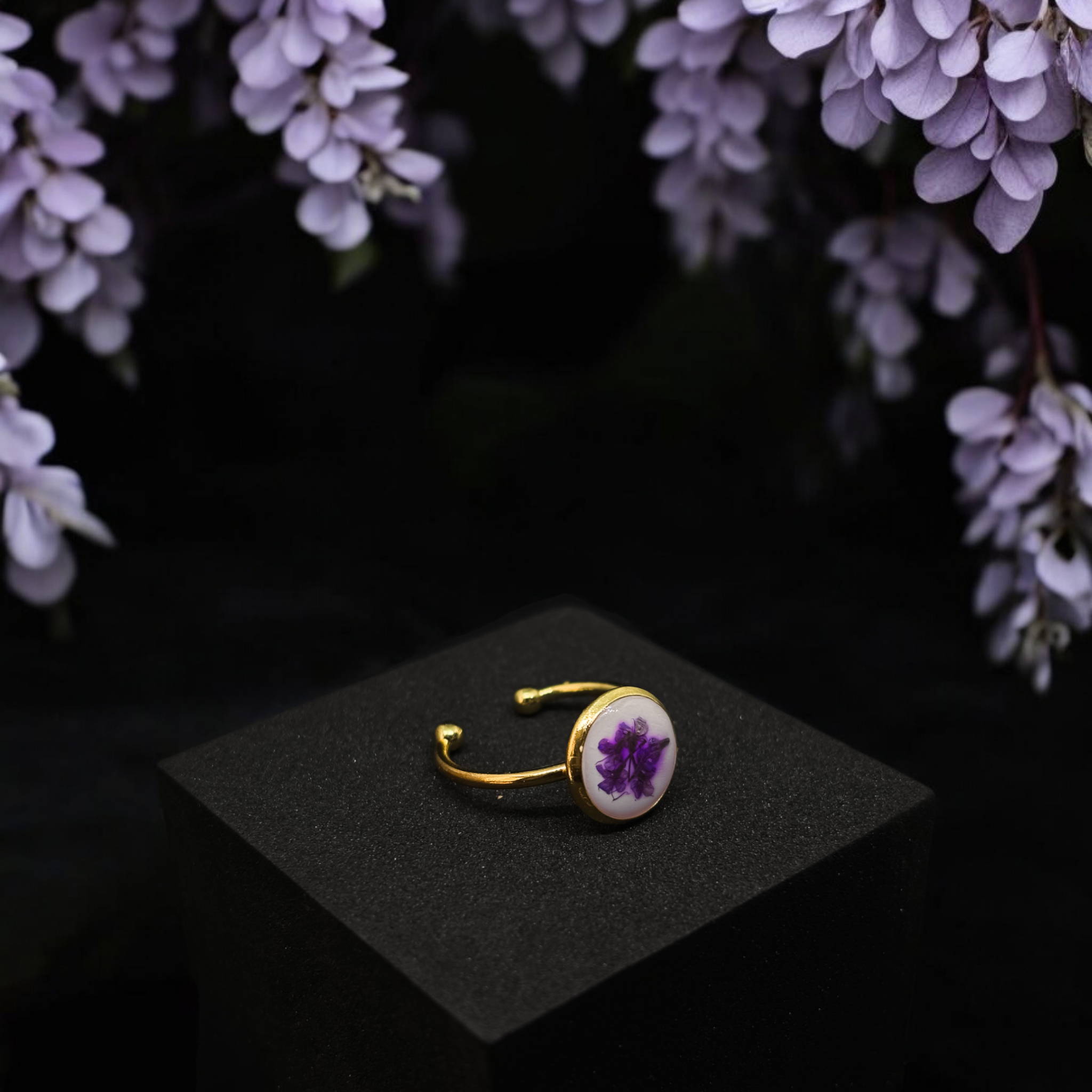 Purple Floral Resin Ring - Petal Perfection Handcrafted Adjustable Jewelry