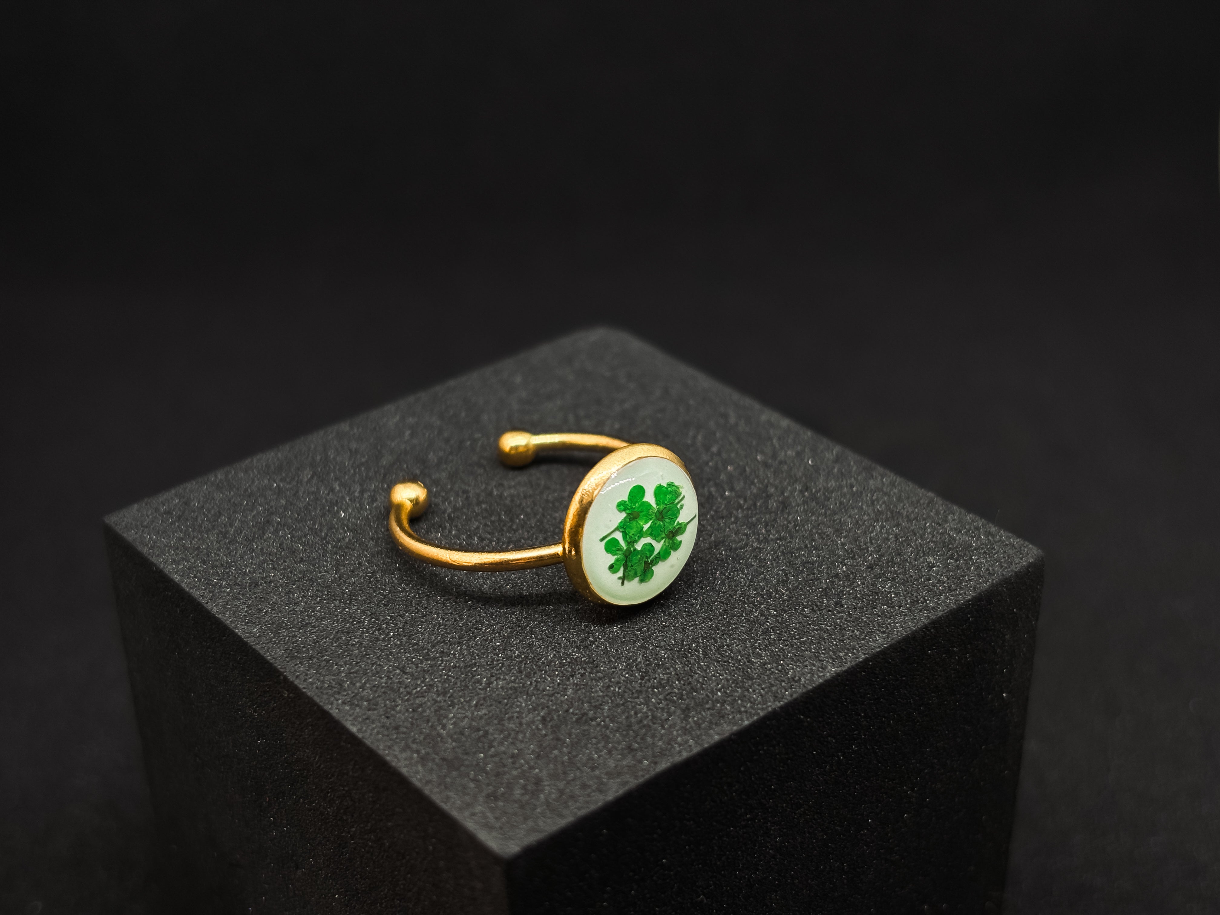 Handcrafted adjustable ring featuring a real clover encased in clear resin with a white background on a gold-tone band