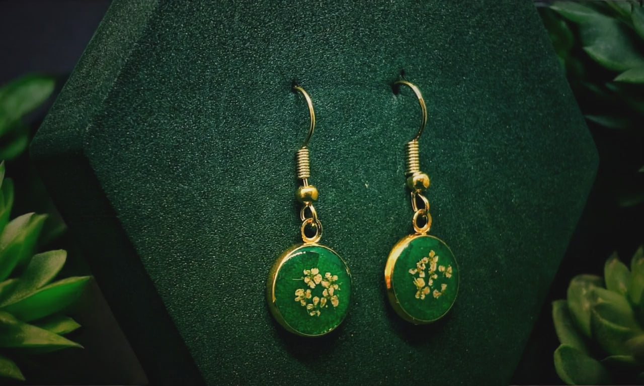 Handmade Green Resin Earrings with Floral Accents